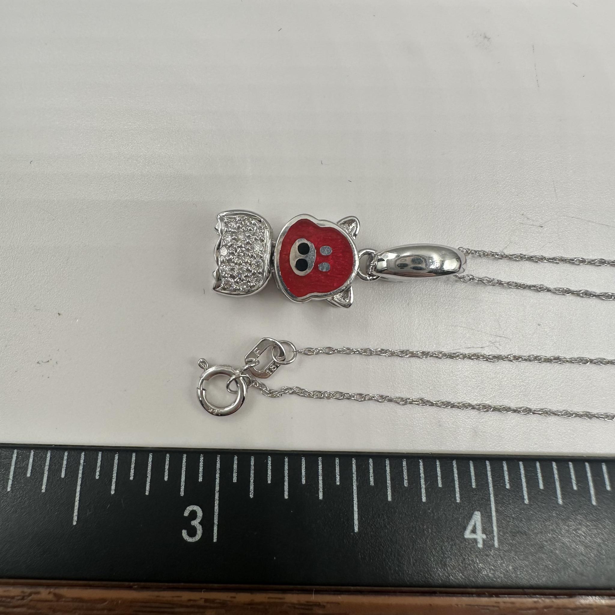 Enamel Diamond Cute Pig Necklace 18K White Gold 0.08ctw 18in New
