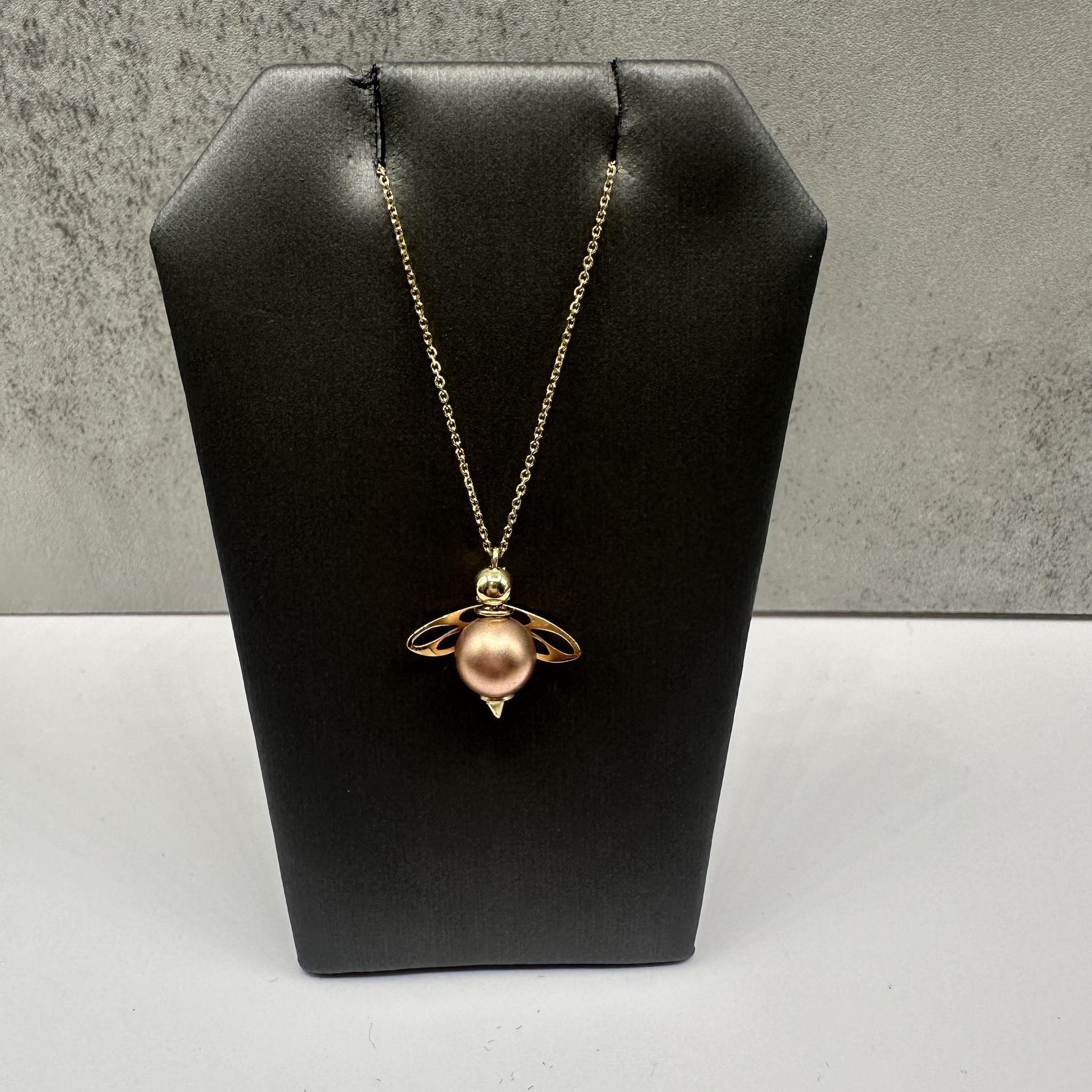 Bee Charm Pendant Necklace 14K Yellow Gold Rose Gold Accent Adjustable 18in