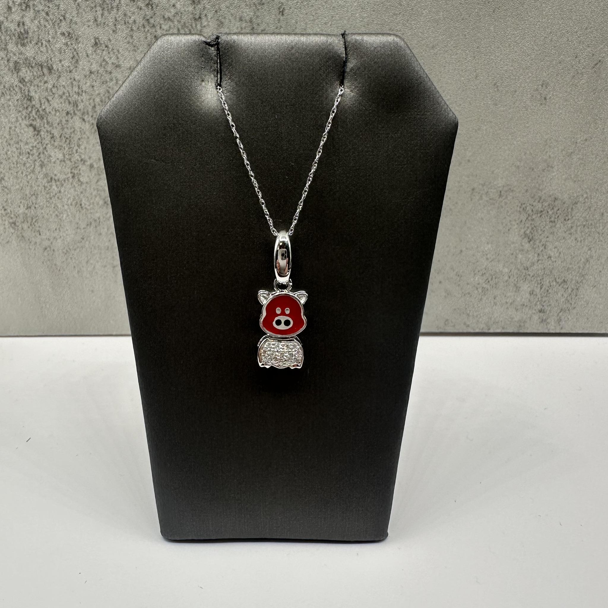 Enamel Diamond Cute Pig Necklace 18K White Gold 0.08ctw 18in New