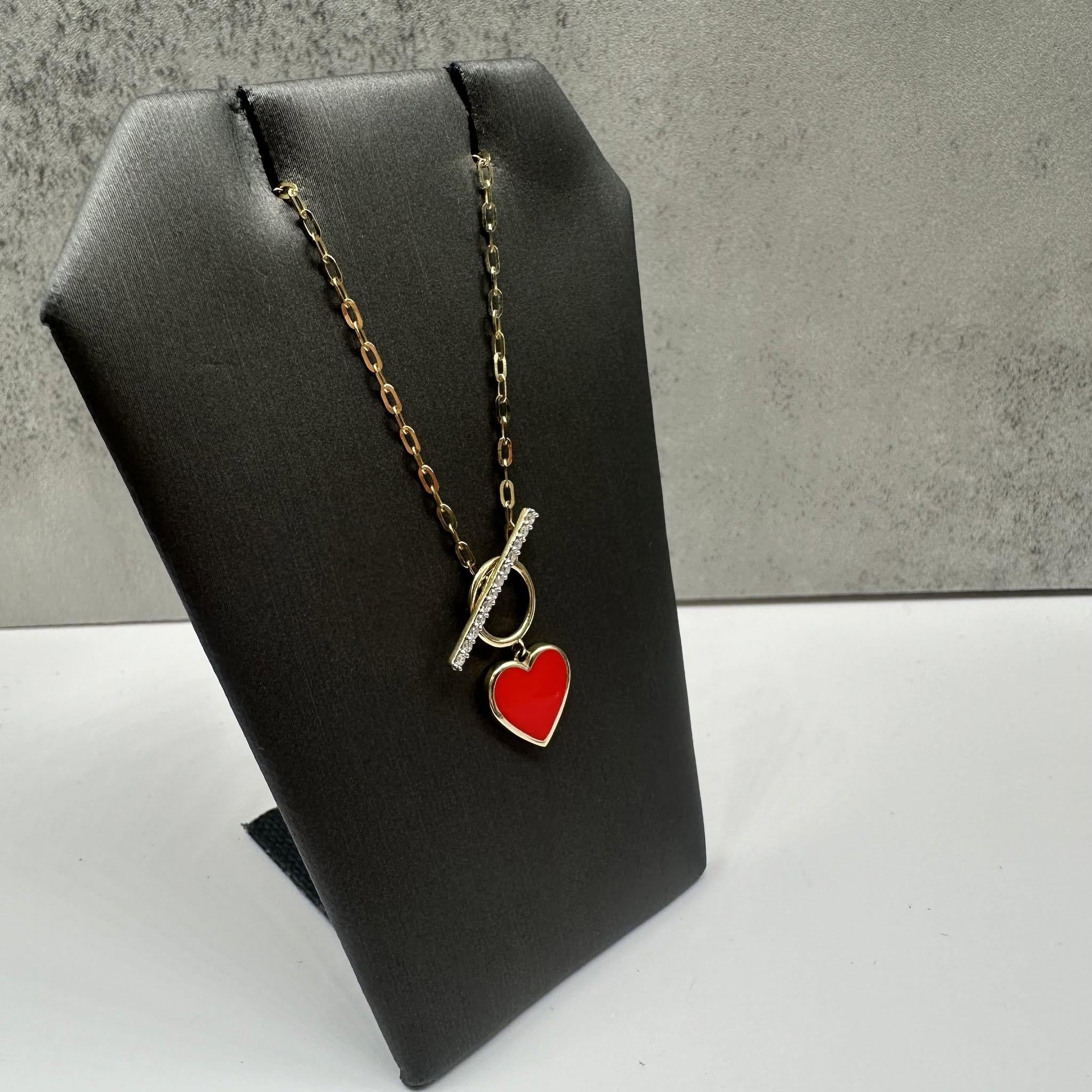 Enamel Heart Diamond Toggle Necklace 10kt Yellow Gold 0.09ctw New