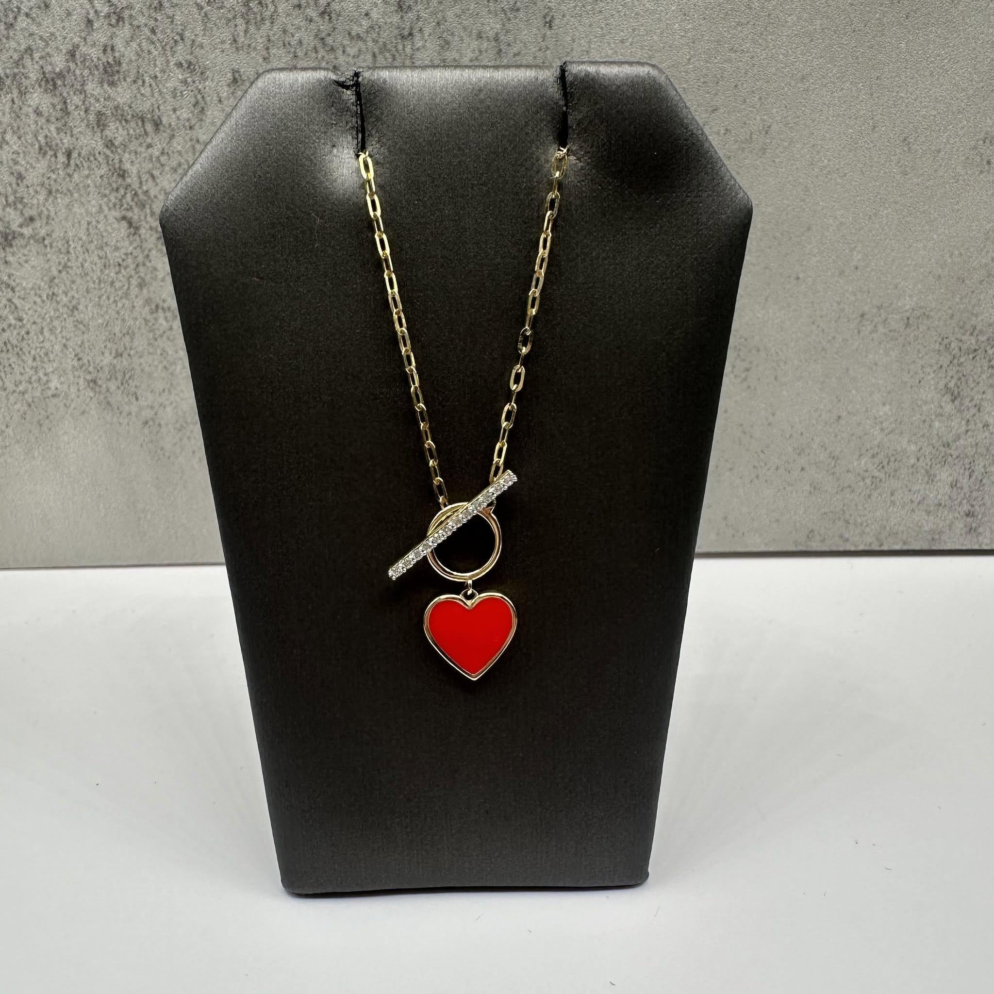 Enamel Heart Diamond Toggle Necklace 10kt Yellow Gold 0.09ctw New
