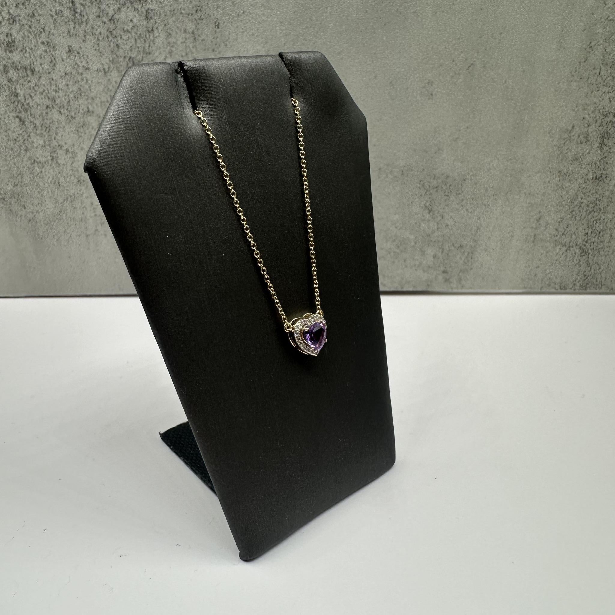 Amethyst Diamond Heart Necklace 14K Yellow Gold 0.10ctw