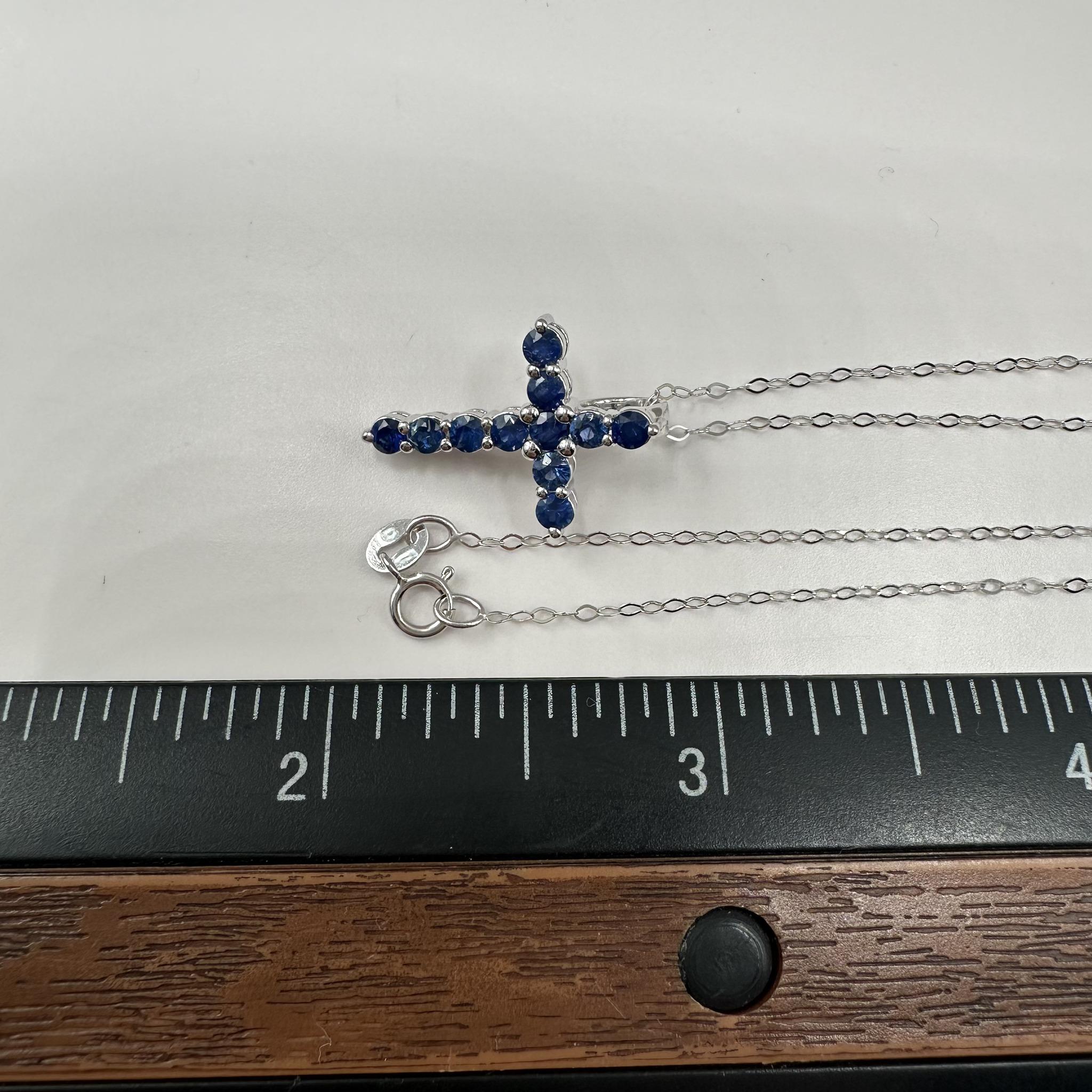 Blue Sapphire Cross Necklace in 14kt White Gold – 0.88ctw, 18in, New