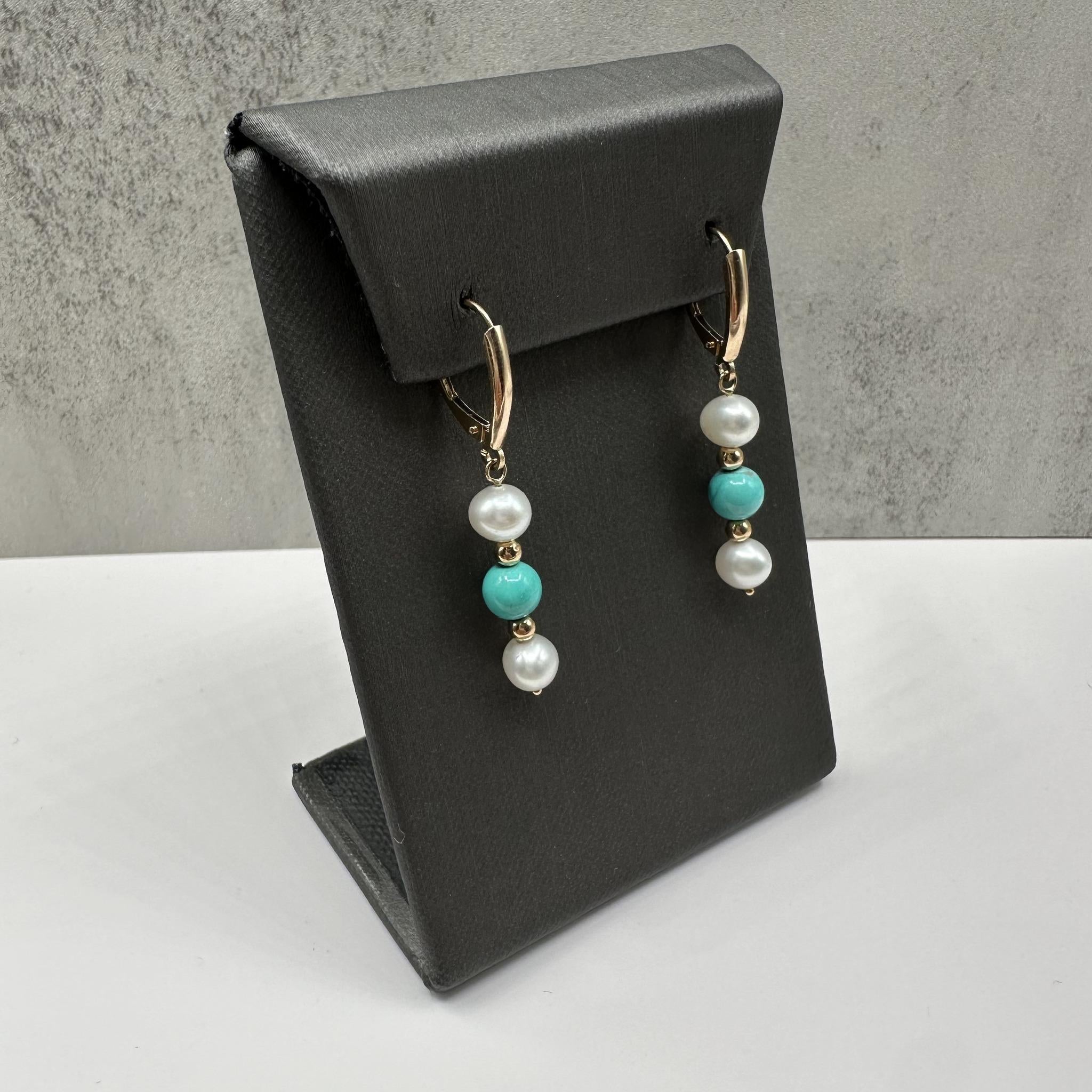 Turquoise Pearl Drop Earrings 14K Yellow Gold 2.9g Lever Backs New