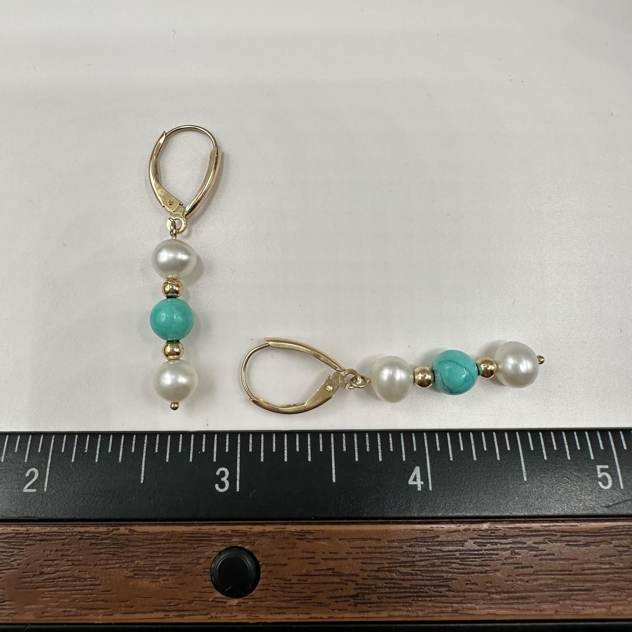 Turquoise Pearl Drop Earrings 14K Yellow Gold 2.9g Lever Backs New