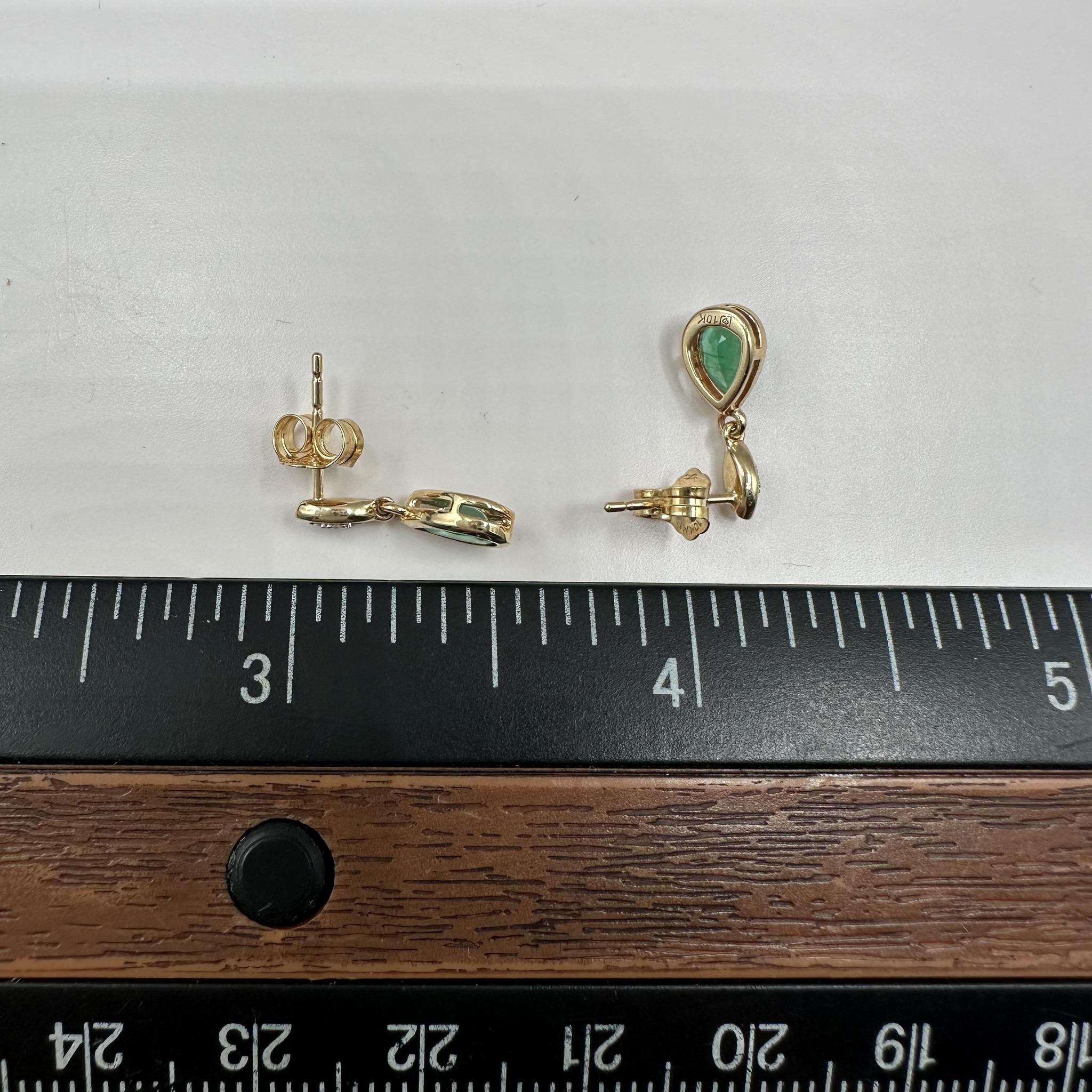Emerald Diamond Dangle Earrings 10K Yellow Gold Pear Cut 6x4mm New