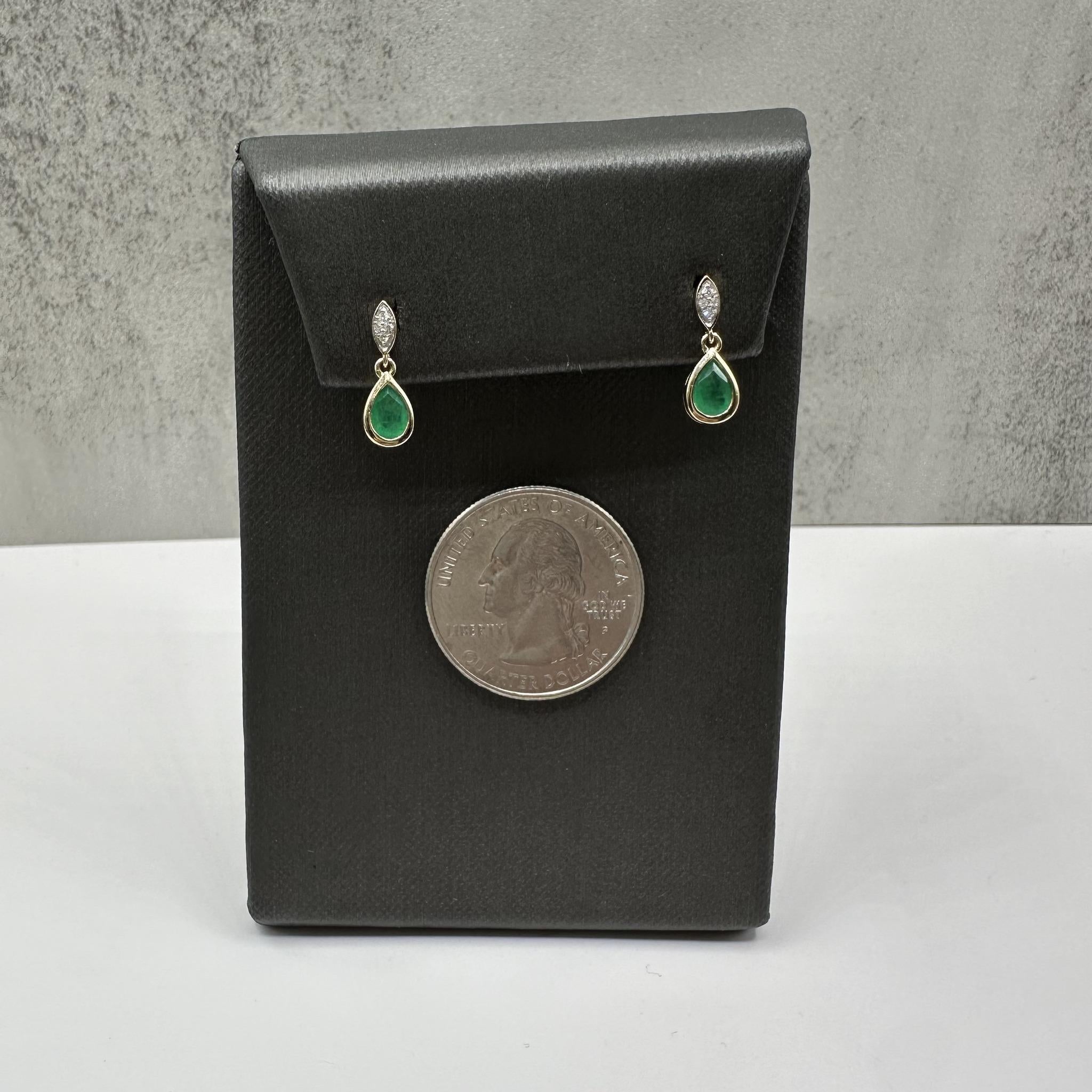 Emerald Diamond Dangle Earrings 10K Yellow Gold Pear Cut 6x4mm New