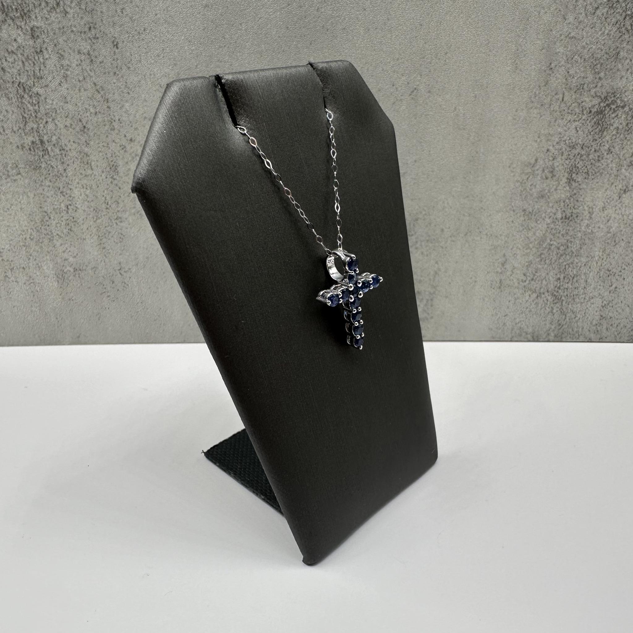 Blue Sapphire Cross Necklace in 14kt White Gold – 0.88ctw, 18in, New