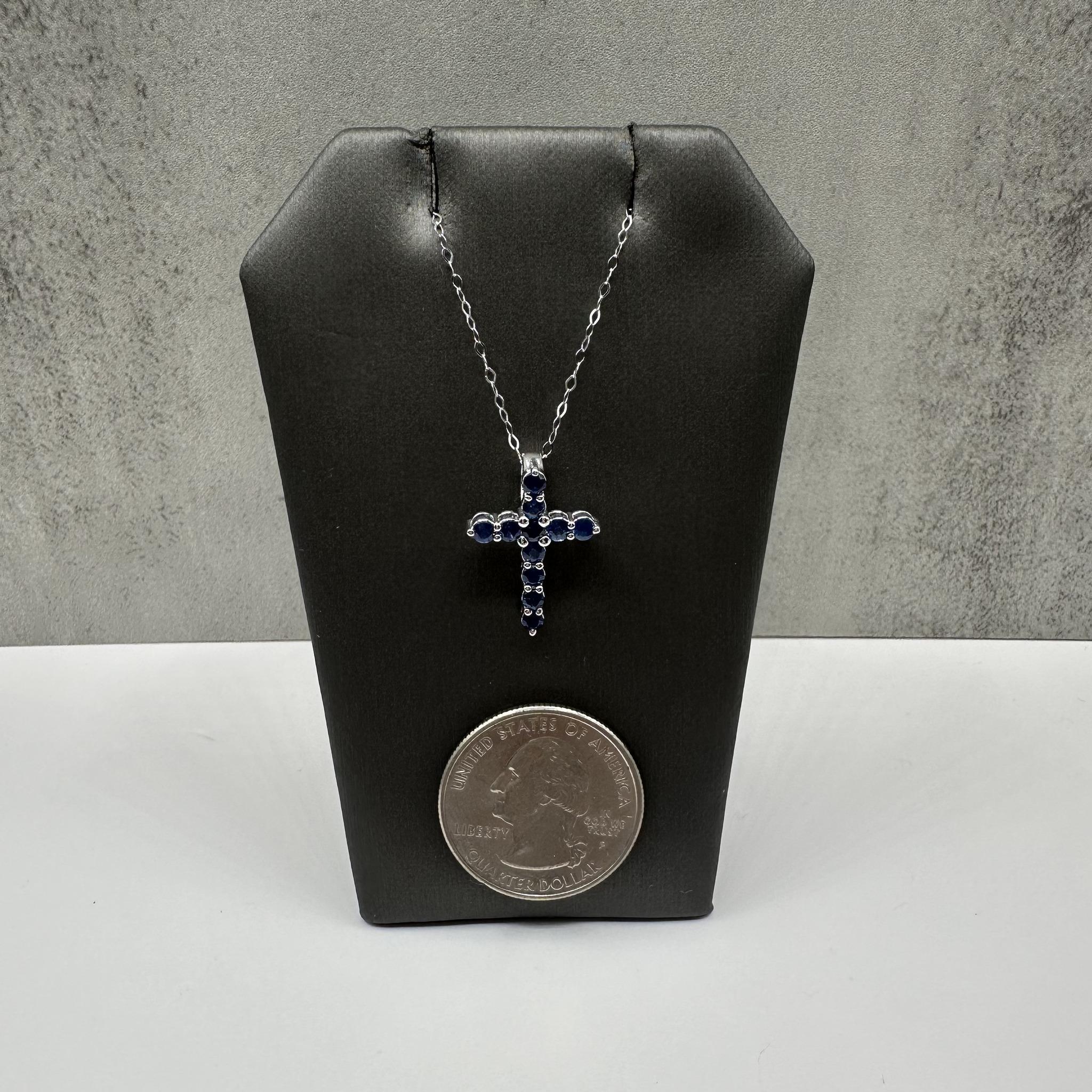 Blue Sapphire Cross Necklace in 14kt White Gold – 0.88ctw, 18in, New