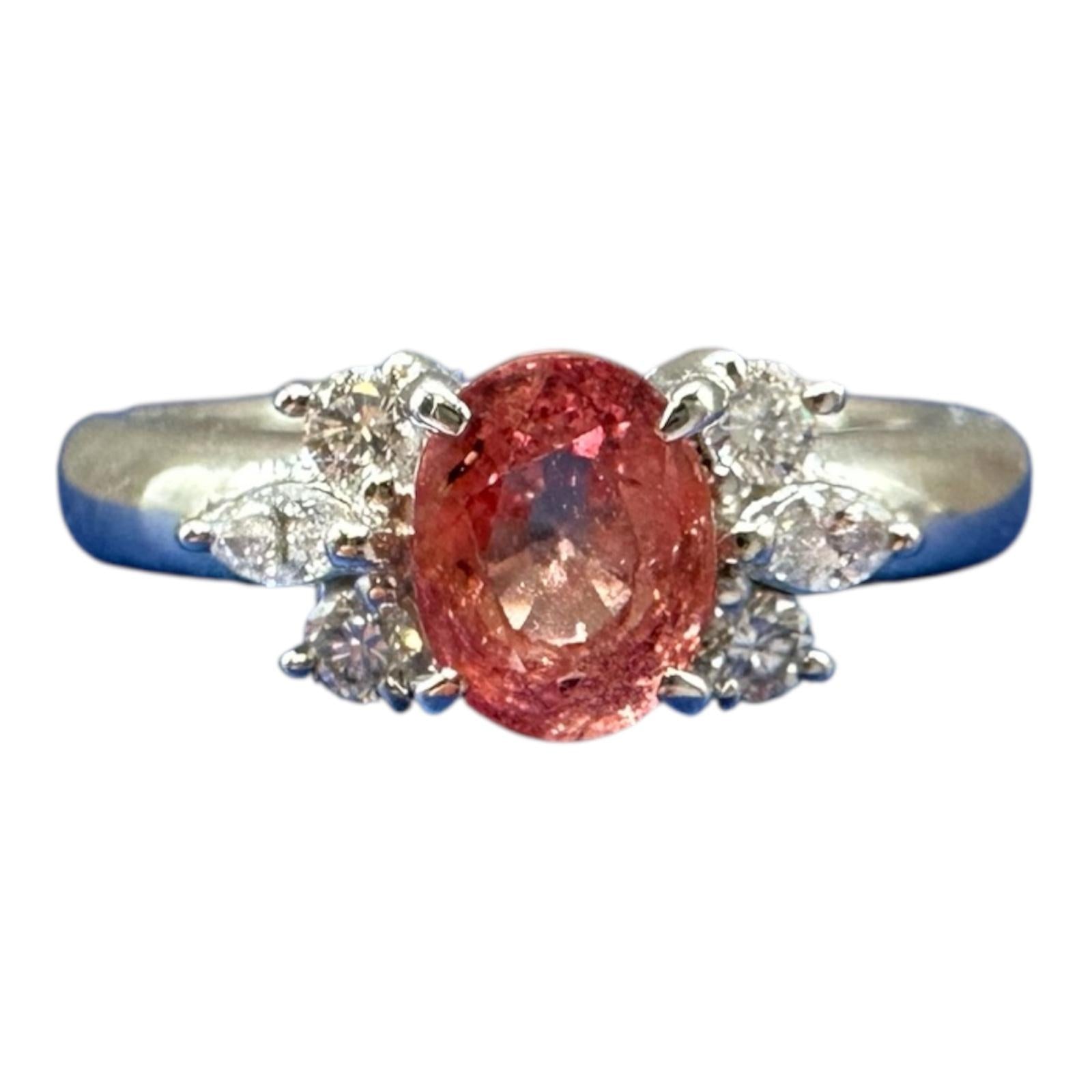 Estate Padparadscha Sapphire Ring in Platinum 1.12ct Sapphire 0.21ctw Diamond