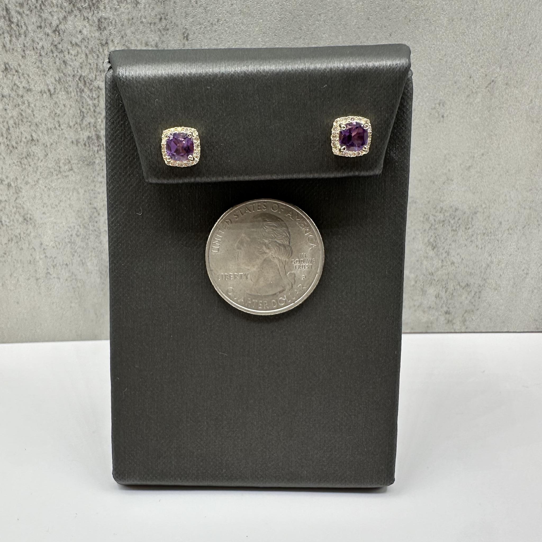 Amethyst Diamond Earrings 10K Yellow Gold Cushion Cut 0.15ctw New