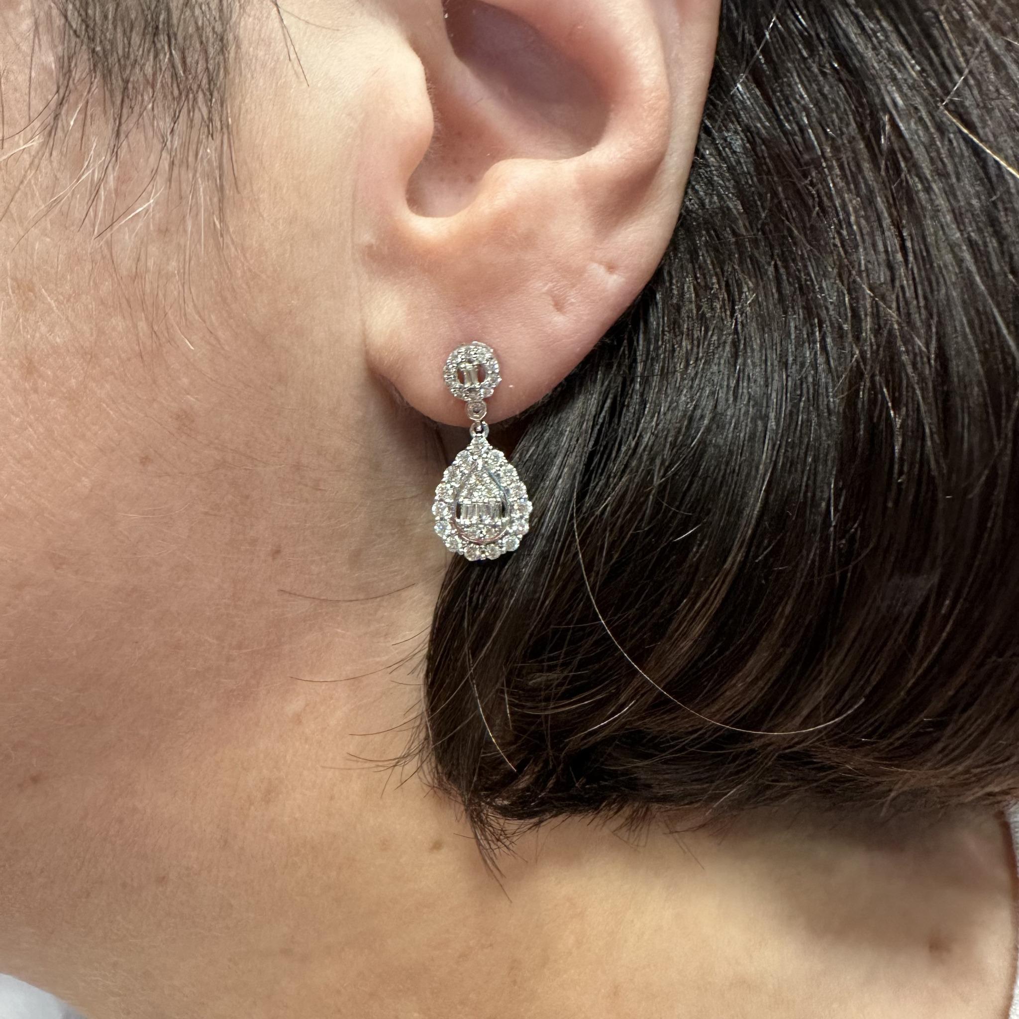 Diamond Drop Earrings 10K White Gold 1ctw GH SI Baguette Round Diamonds