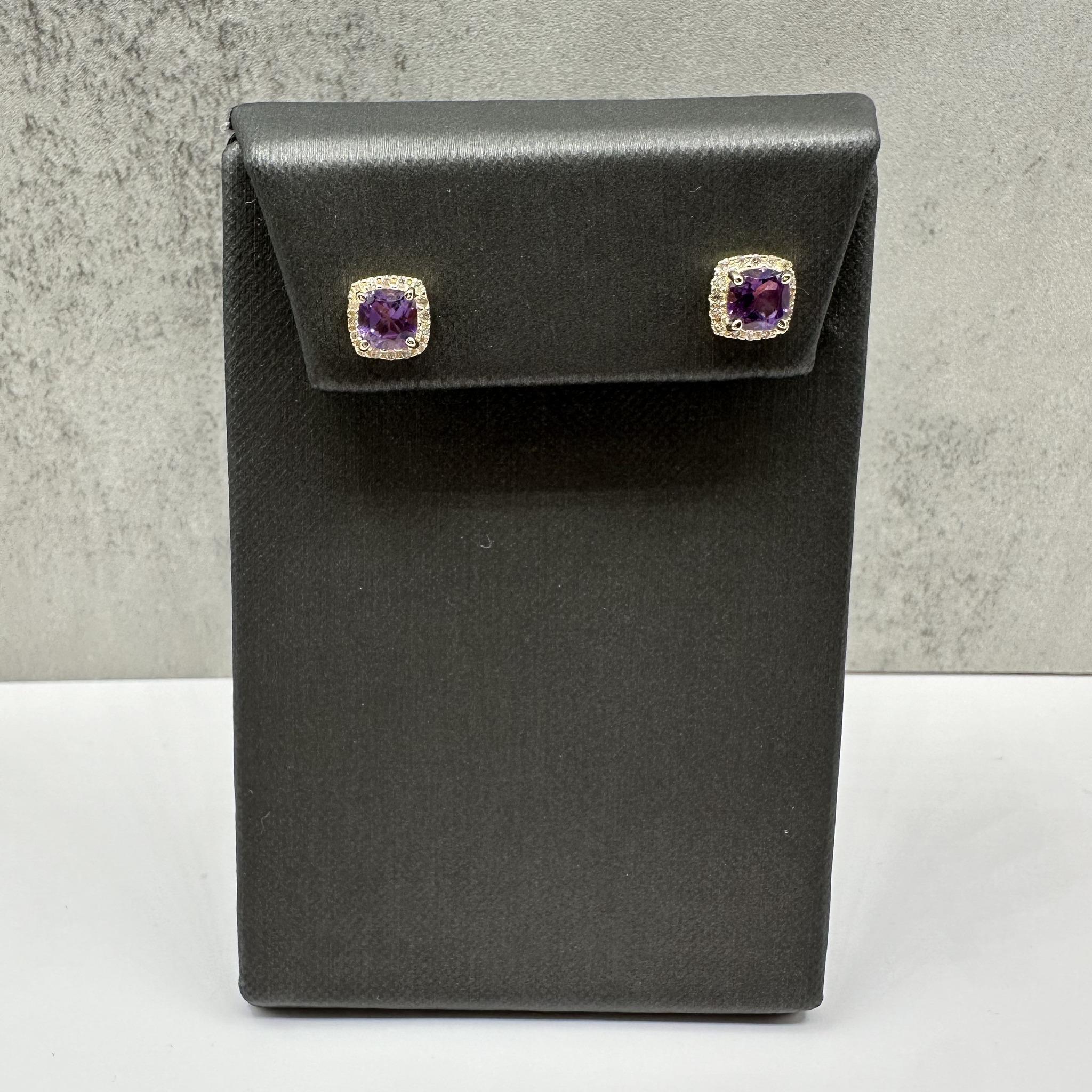 Amethyst Diamond Earrings 10K Yellow Gold Cushion Cut 0.15ctw New