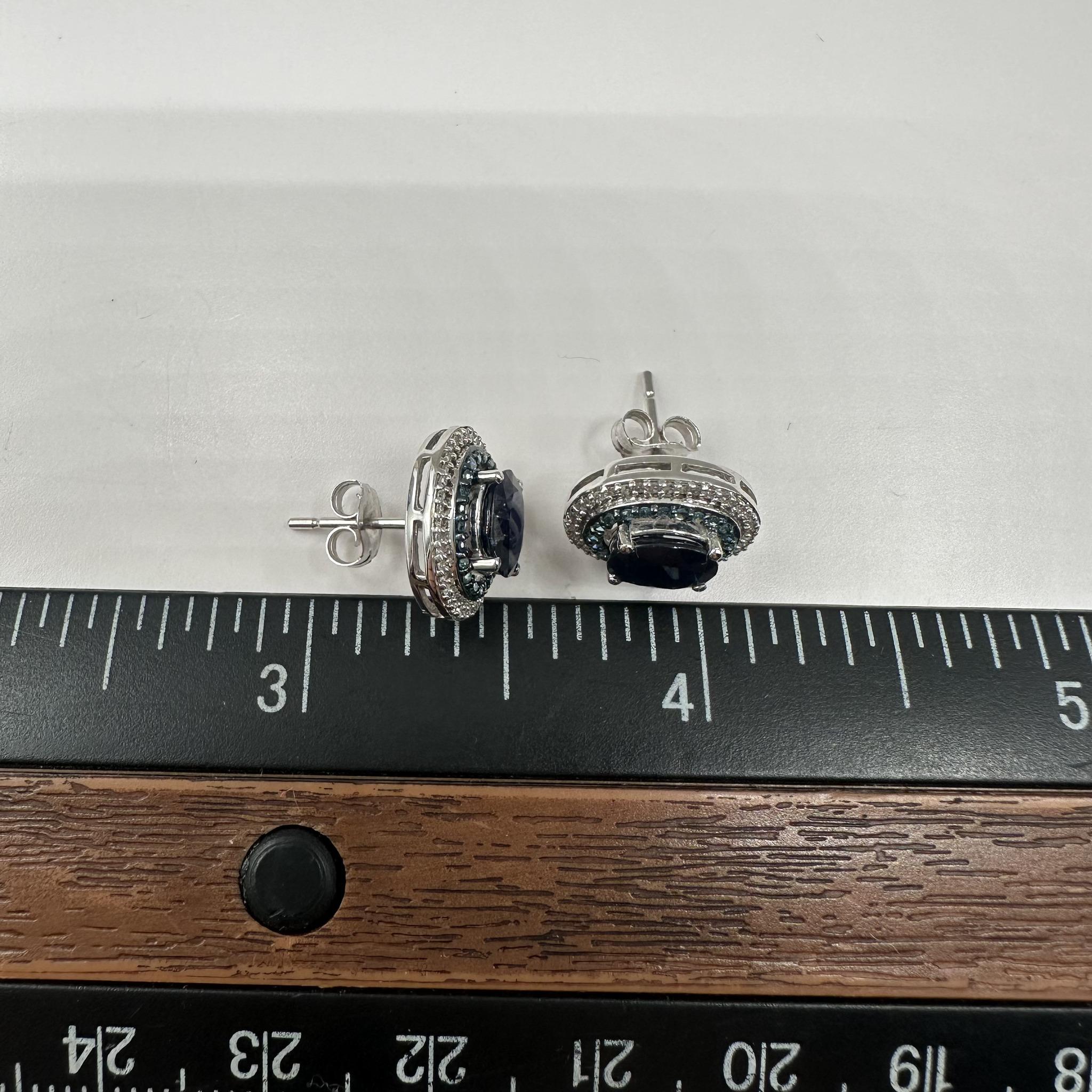 Blue Sapphire Diamond Stud Earrings 10K White Gold Push Backs New