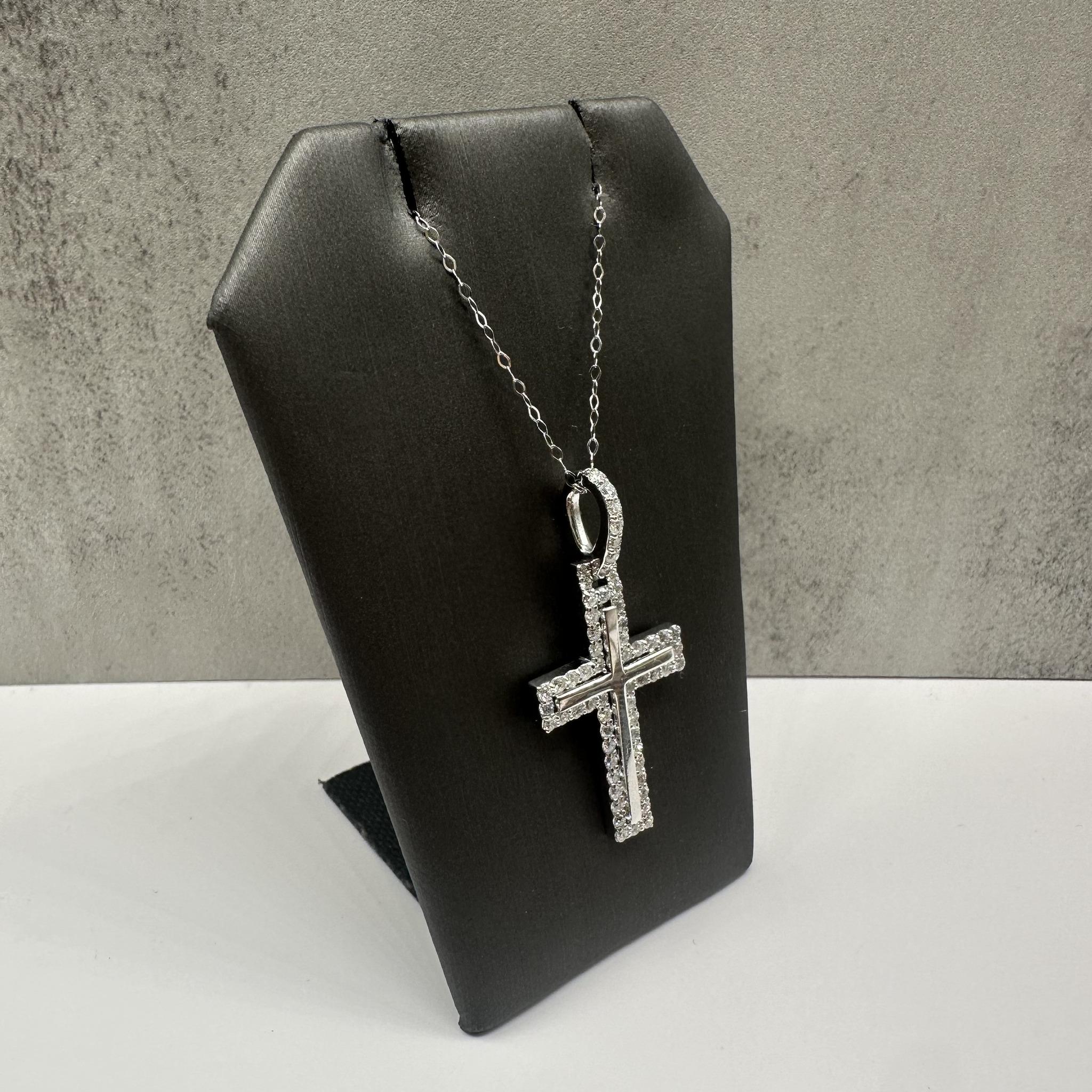 Diamond Cross Pendant Necklace 14K White Gold 1.20ctw 18in New