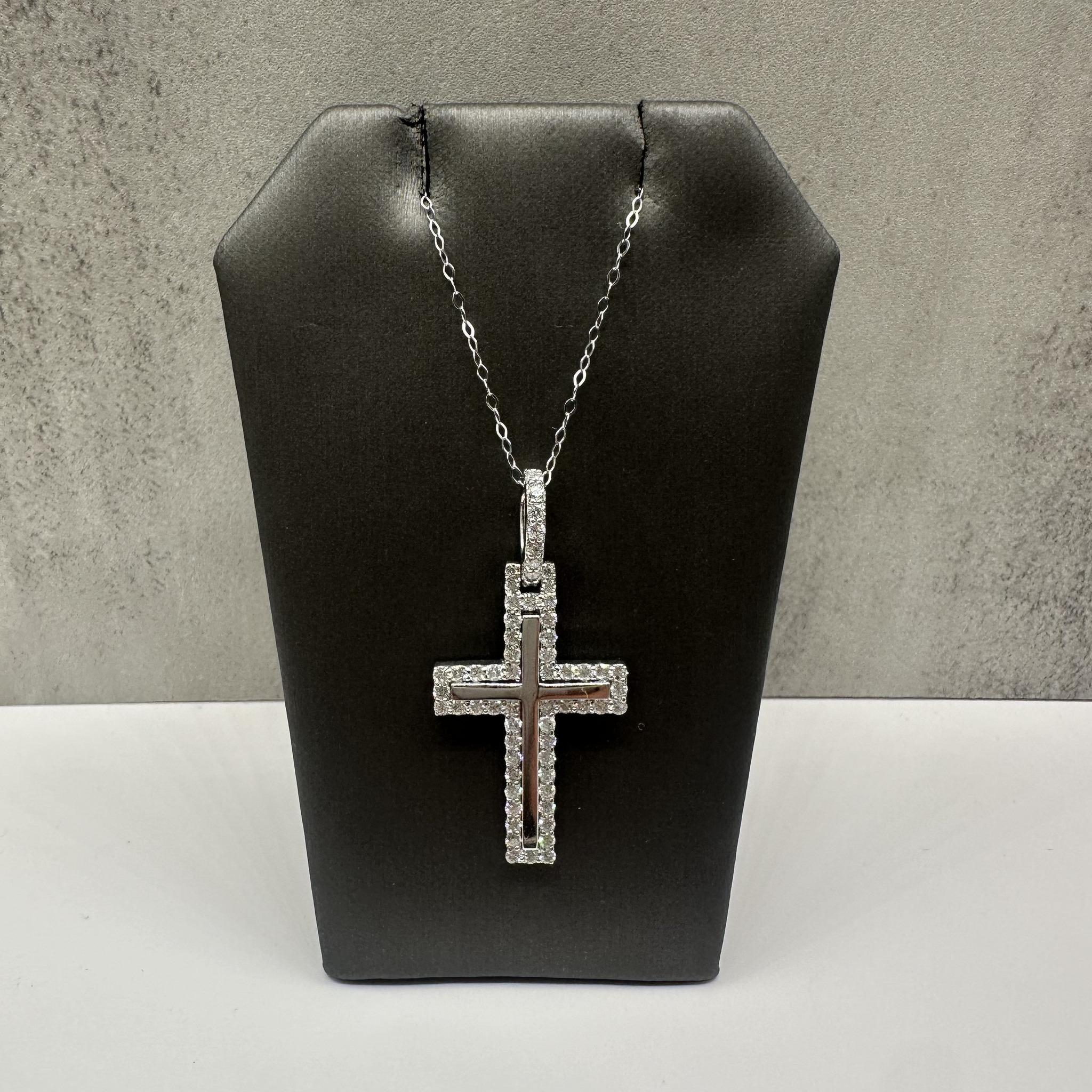 Diamond Cross Pendant Necklace 14K White Gold 1.20ctw 18in New