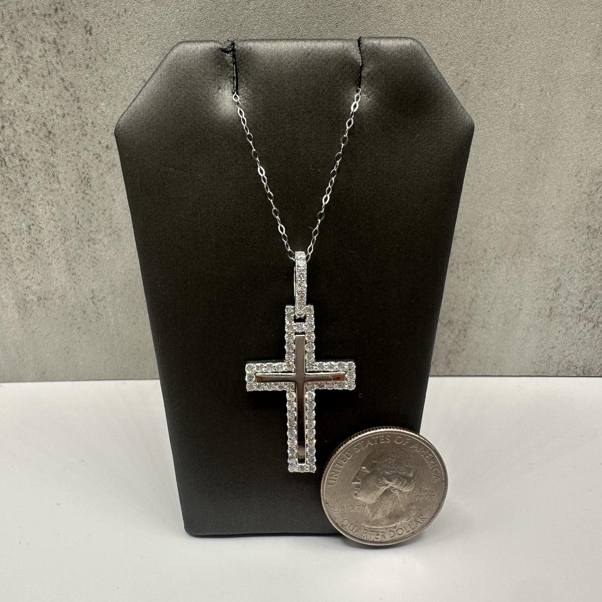 Diamond Cross Pendant Necklace 14K White Gold 1.20ctw 18in New
