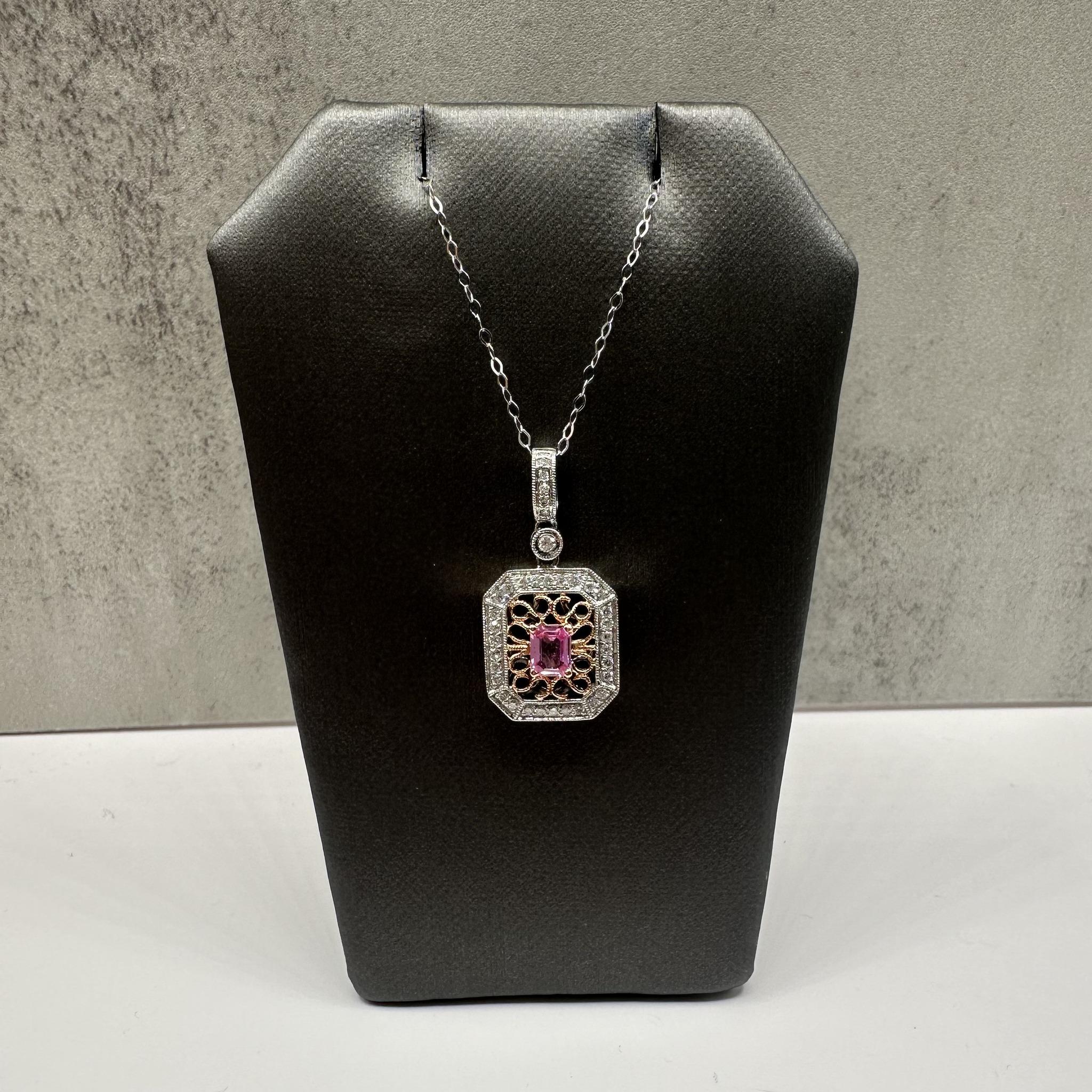 Pink Sapphire Diamond Necklace 14K White Gold 18in Pre Loved