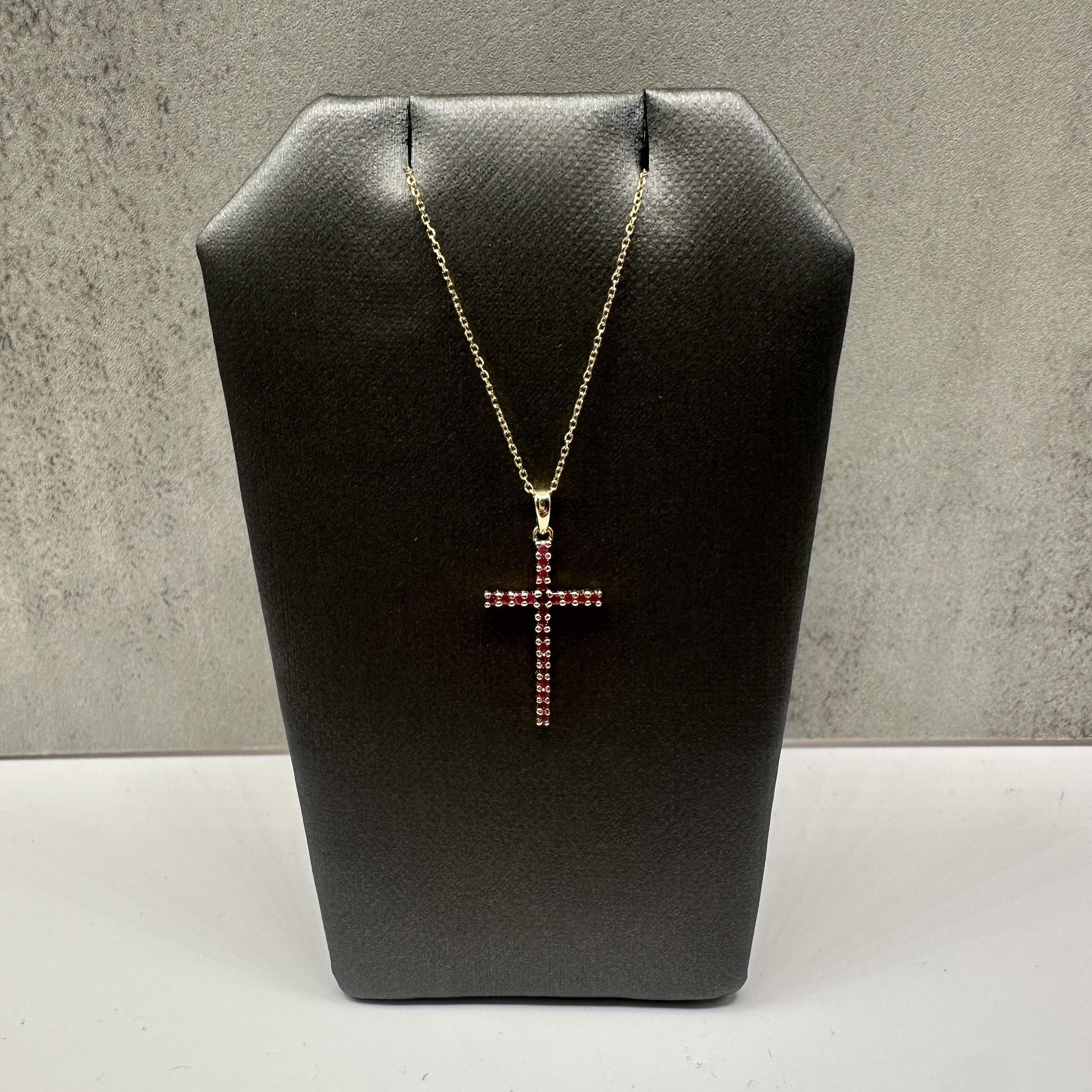 Ruby Cross Necklace 14K Yellow Gold 0.20ctw 18in New