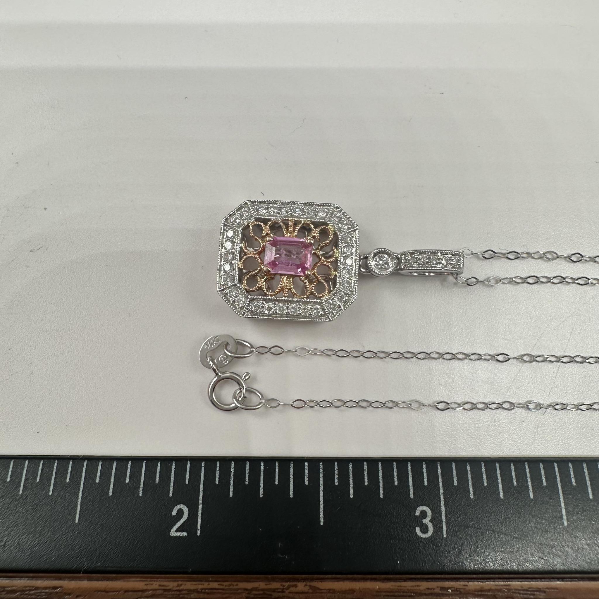 Pink Sapphire Diamond Necklace 14K White Gold 18in Pre Loved