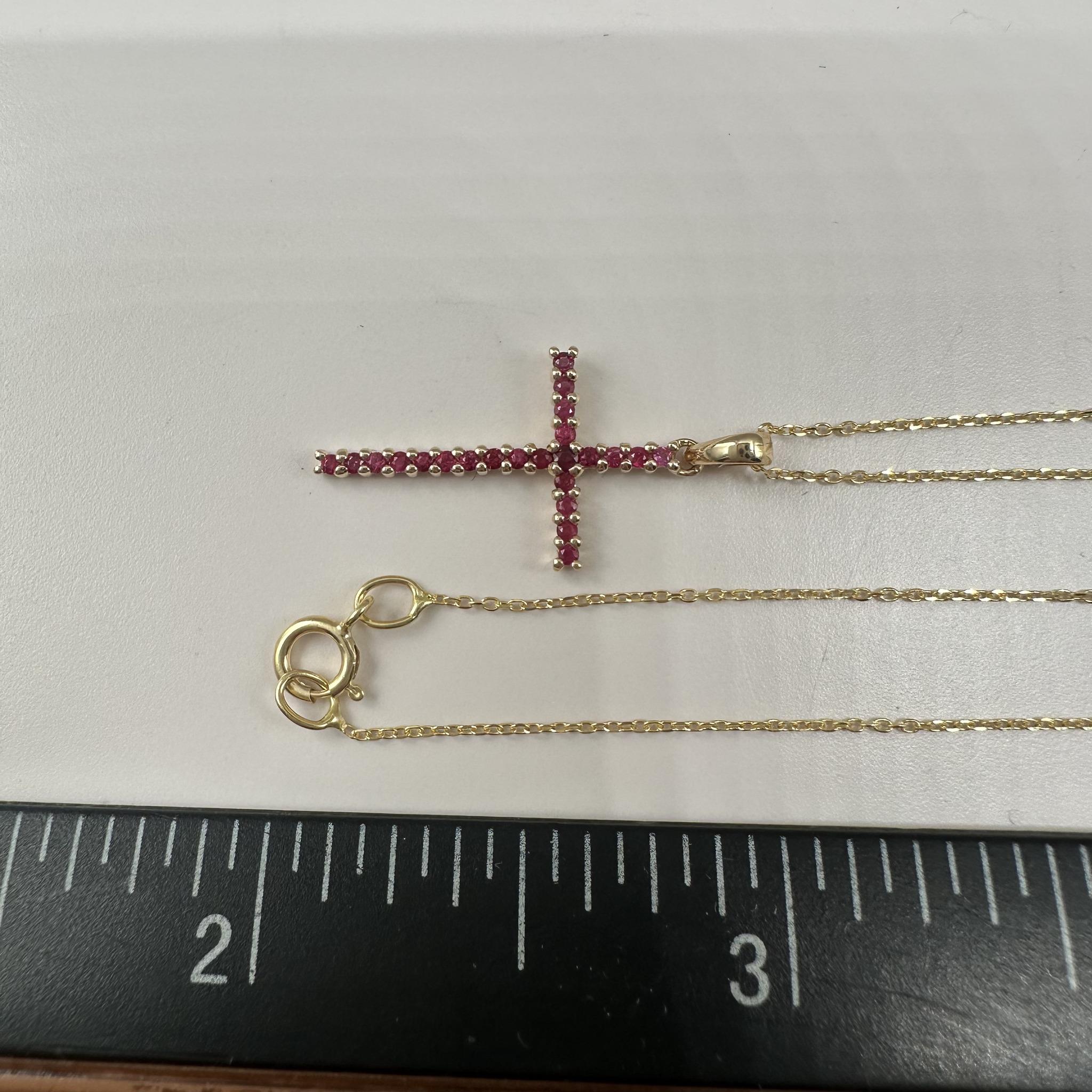 Ruby Cross Necklace 14K Yellow Gold 0.20ctw 18in New