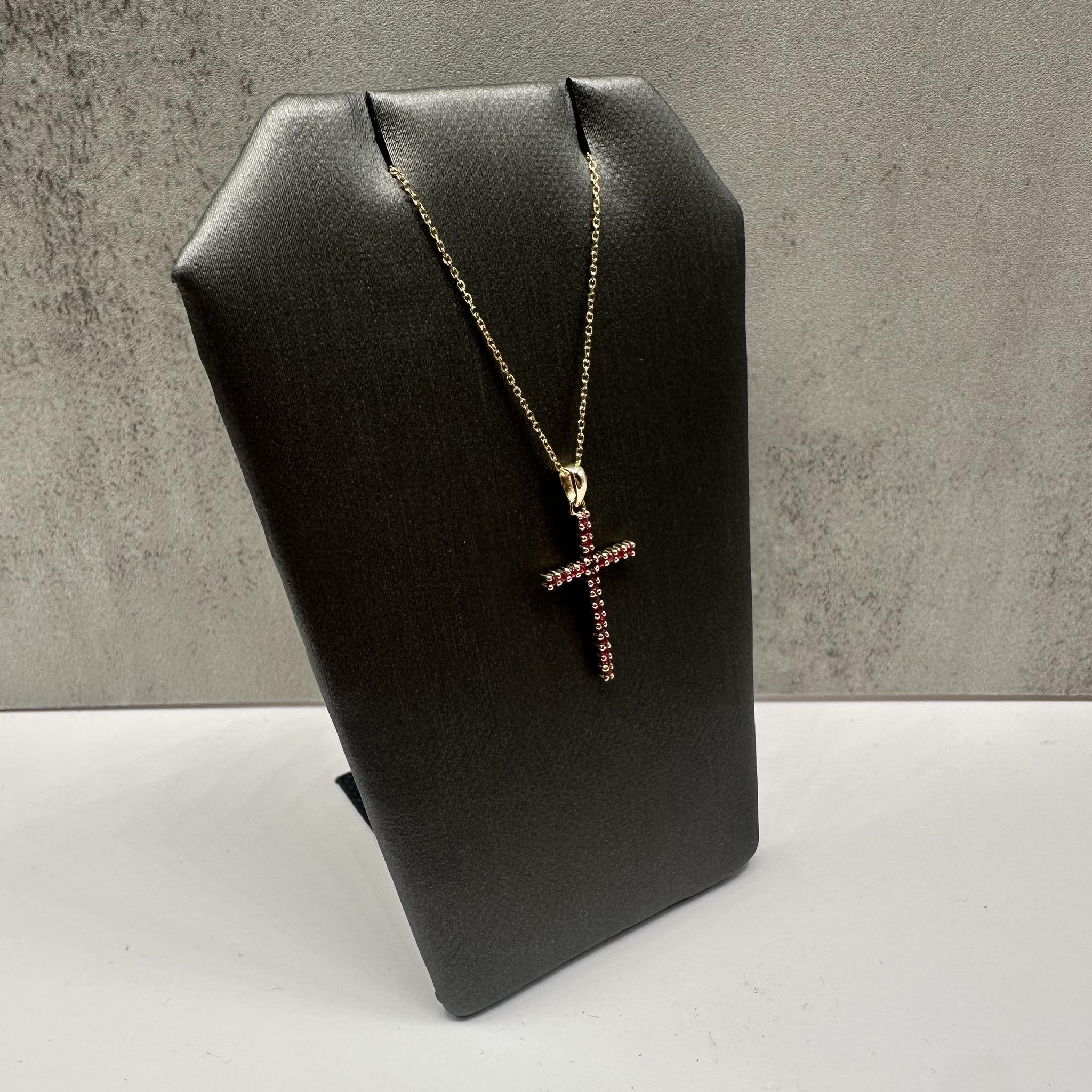 Ruby Cross Necklace 14K Yellow Gold 0.20ctw 18in New
