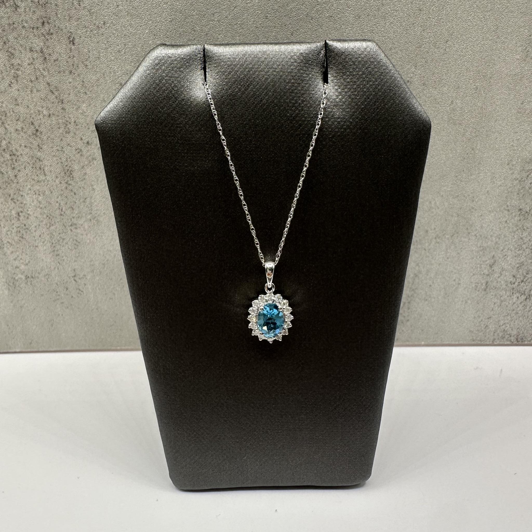 Oval Blue Topaz Diamond Necklace 10K White Gold 18in New