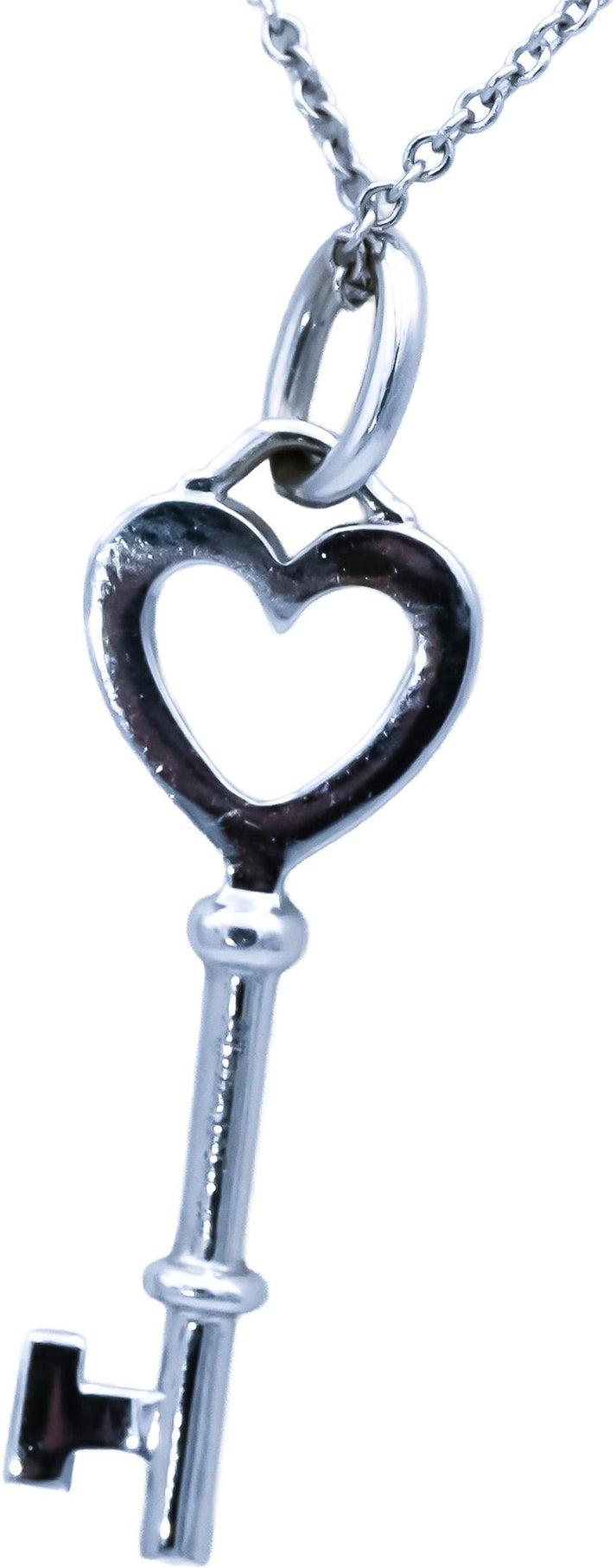 TIFFANY & CO. 18k White Gold VS Round Diamond Heart Key Pendant Necklace 0.12CT