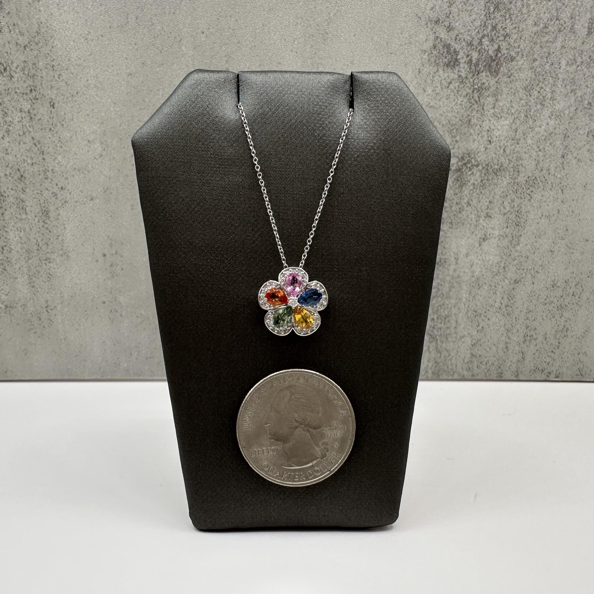 14K White Gold Multicolor Sapphire Diamond Flower Necklace 1.50ctw 18 Inch