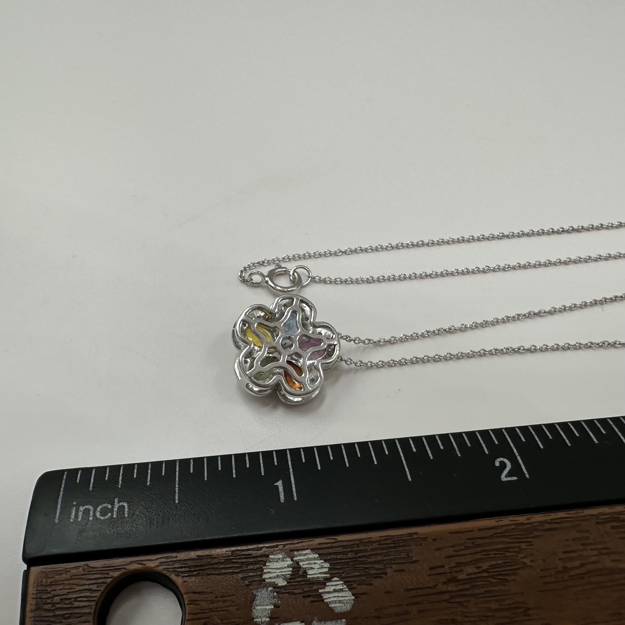 14K White Gold Multicolor Sapphire Diamond Flower Necklace 1.50ctw 18 Inch