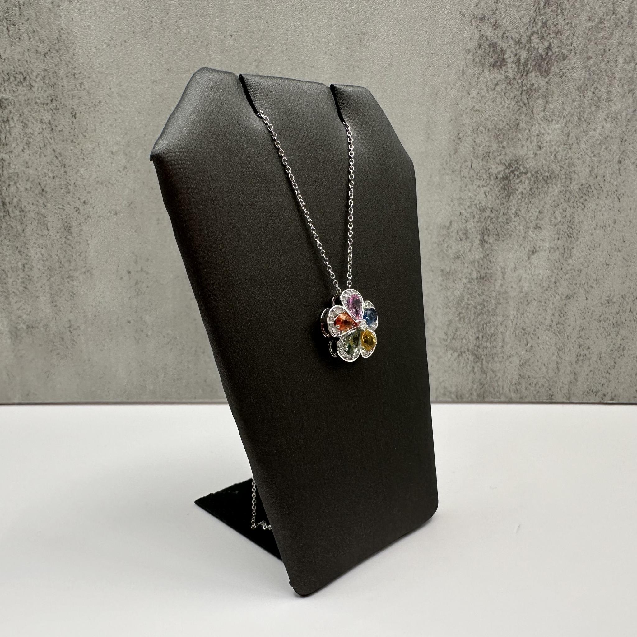 14K White Gold Multicolor Sapphire Diamond Flower Necklace 1.50ctw 18 Inch