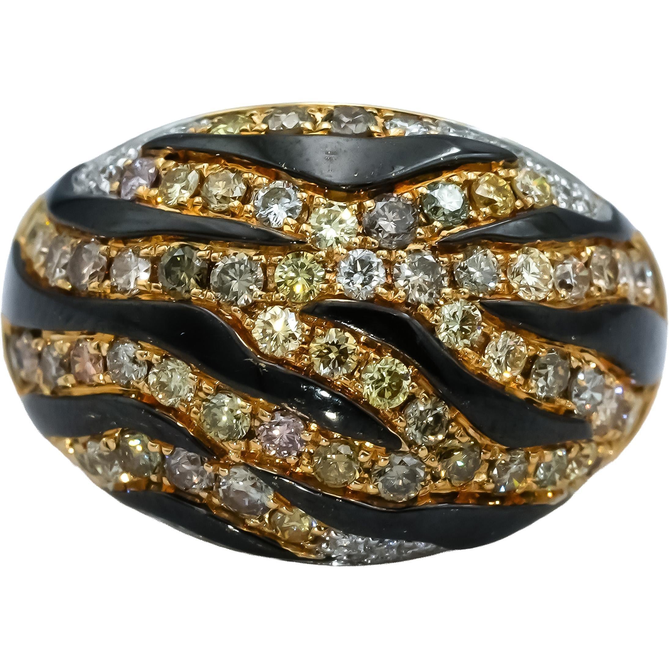 Diamond Enamel Animal Stripe Dome Ring 14kt Yellow Gold Estate