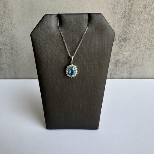 10kt White Gold Swiss Blue Topaz and Diamond Necklace - 7x5mm Topaz, New