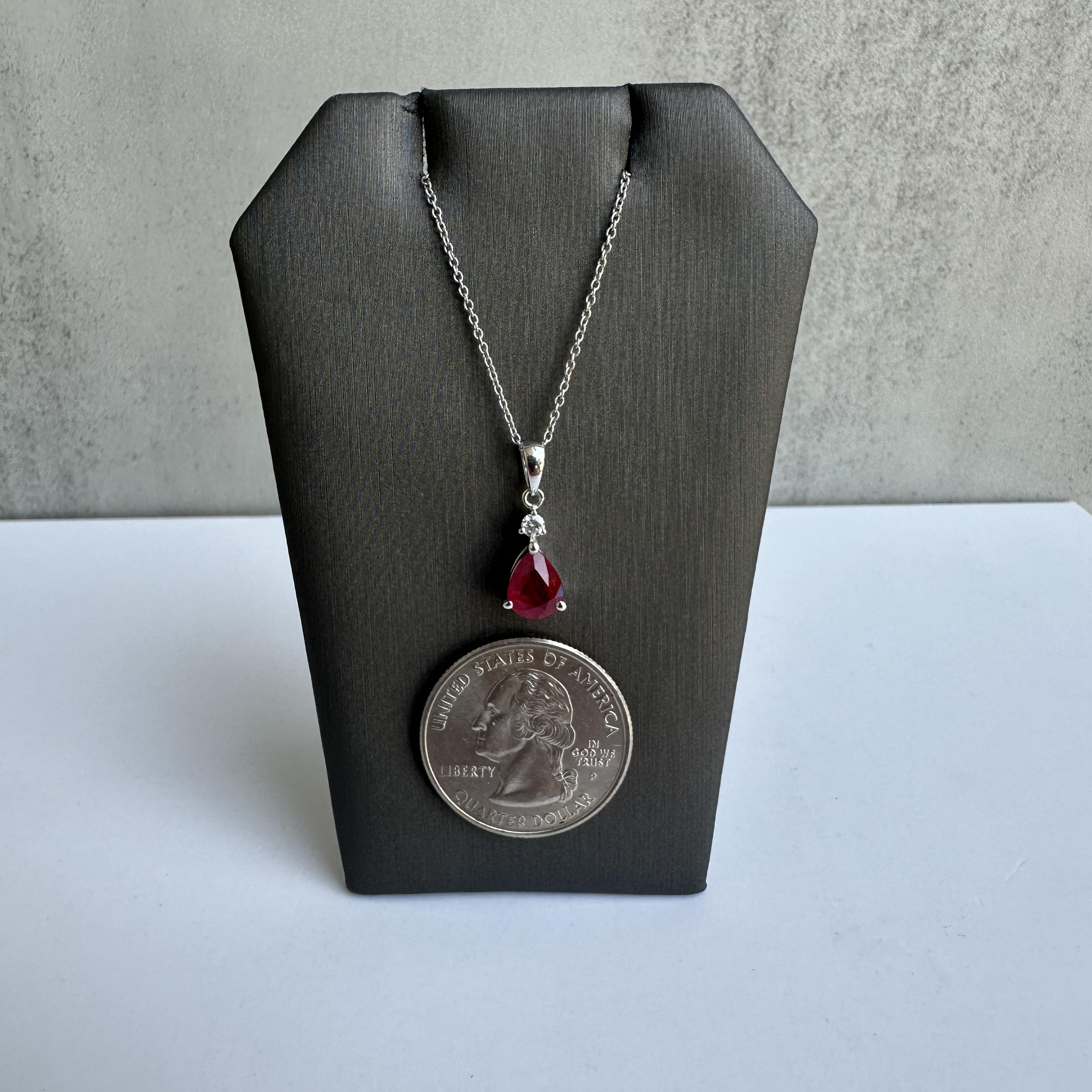 Appraised Ruby and Diamond Necklace in 18kt White Gold - 1.22ctw Pear Ruby, New