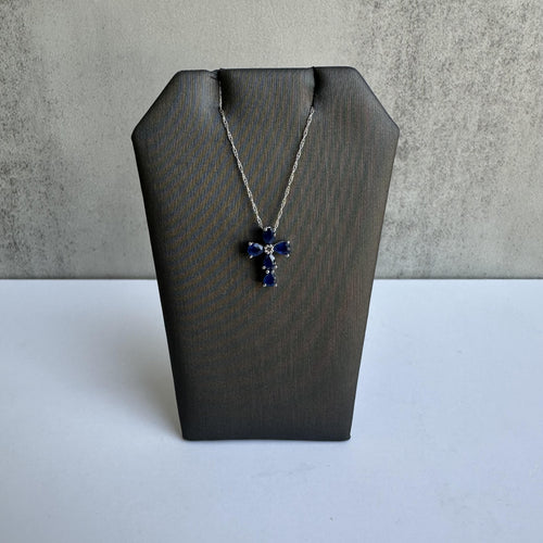 White Gold Sapphire and Diamond Cross Necklace - 1.33ctw Sapphires, New