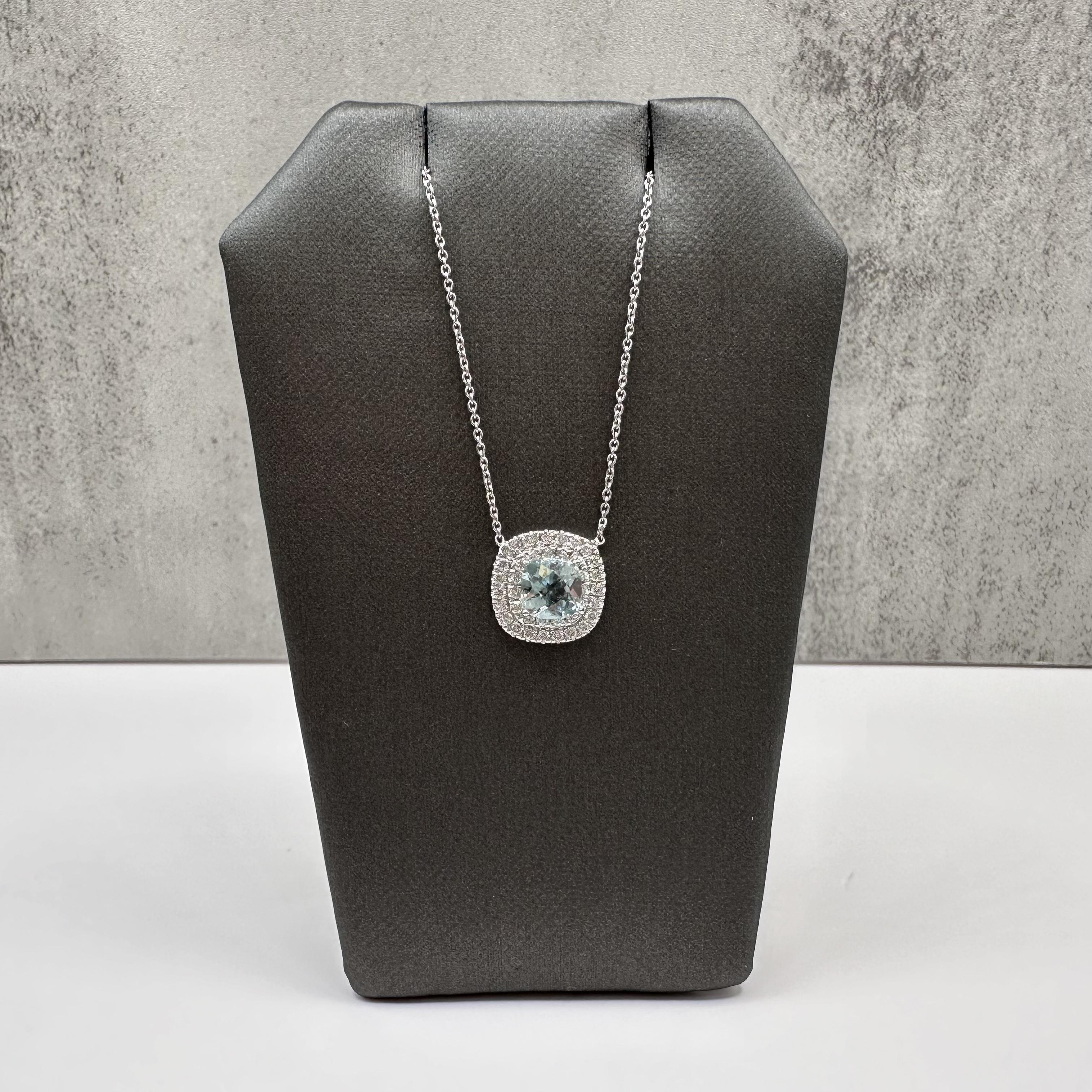 14K White Gold Aquamarine Diamond Necklace 1.18ct GH VS Adjustable