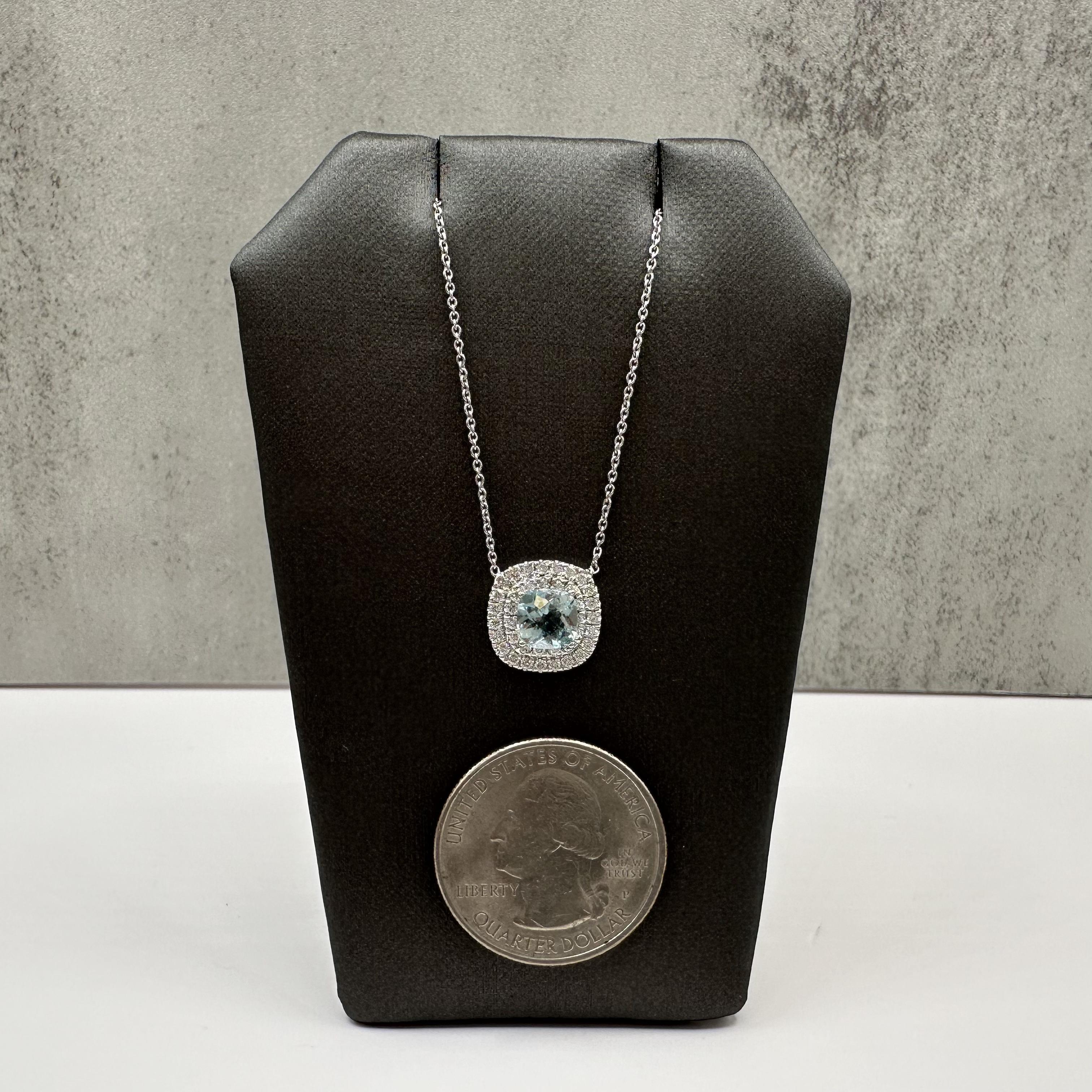 14K White Gold Aquamarine Diamond Necklace 1.18ct GH VS Adjustable