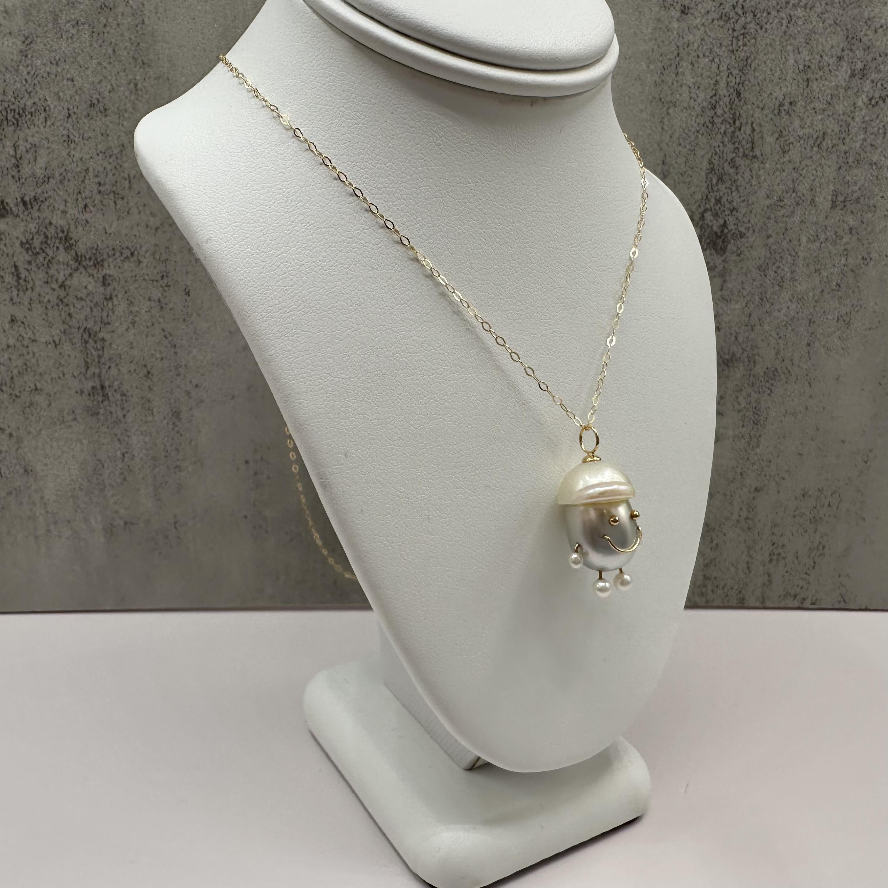 Yellow Gold Pearl Charm Necklace 18K Pendant 14K Chain 18 Inch