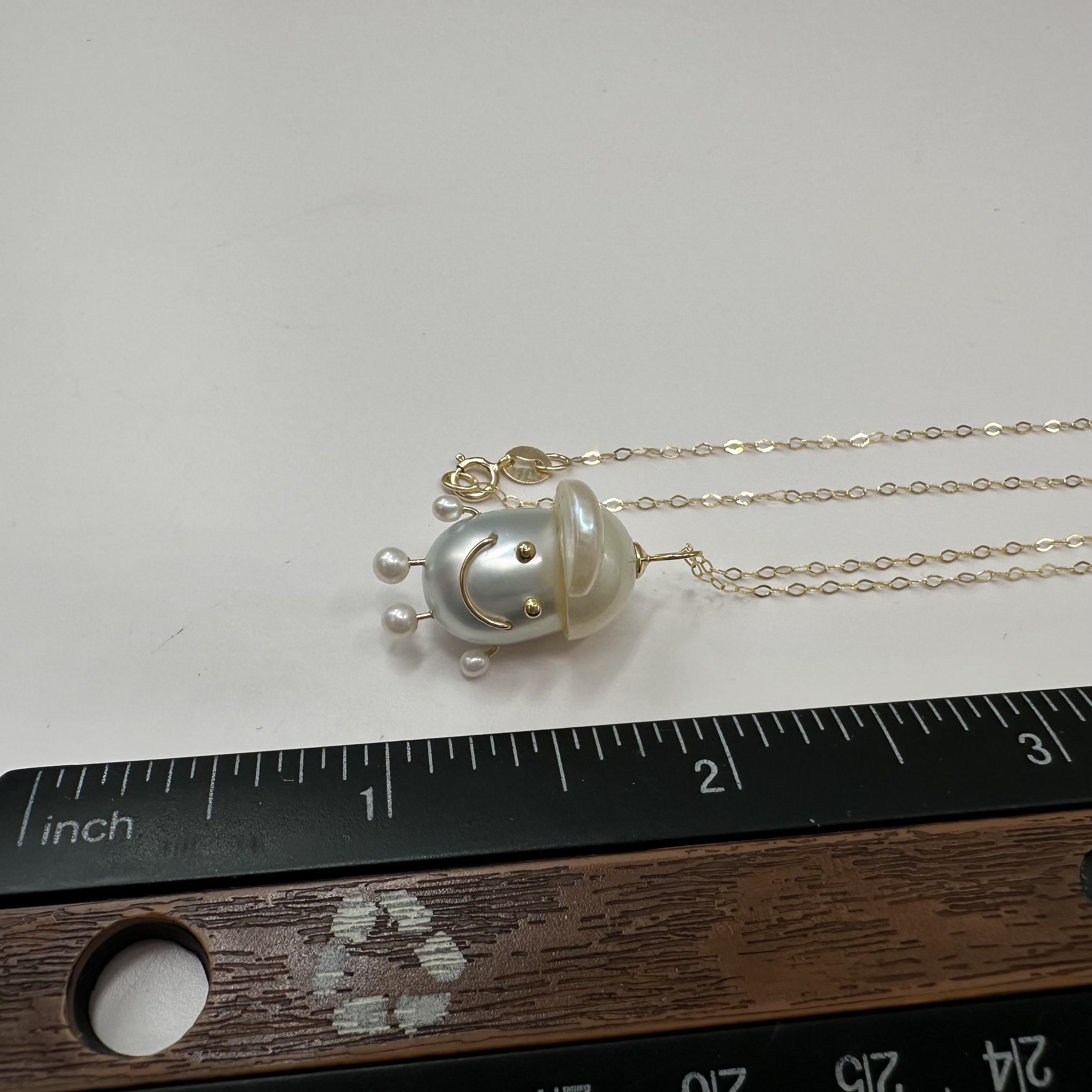 Yellow Gold Pearl Charm Necklace 18K Pendant 14K Chain 18 Inch