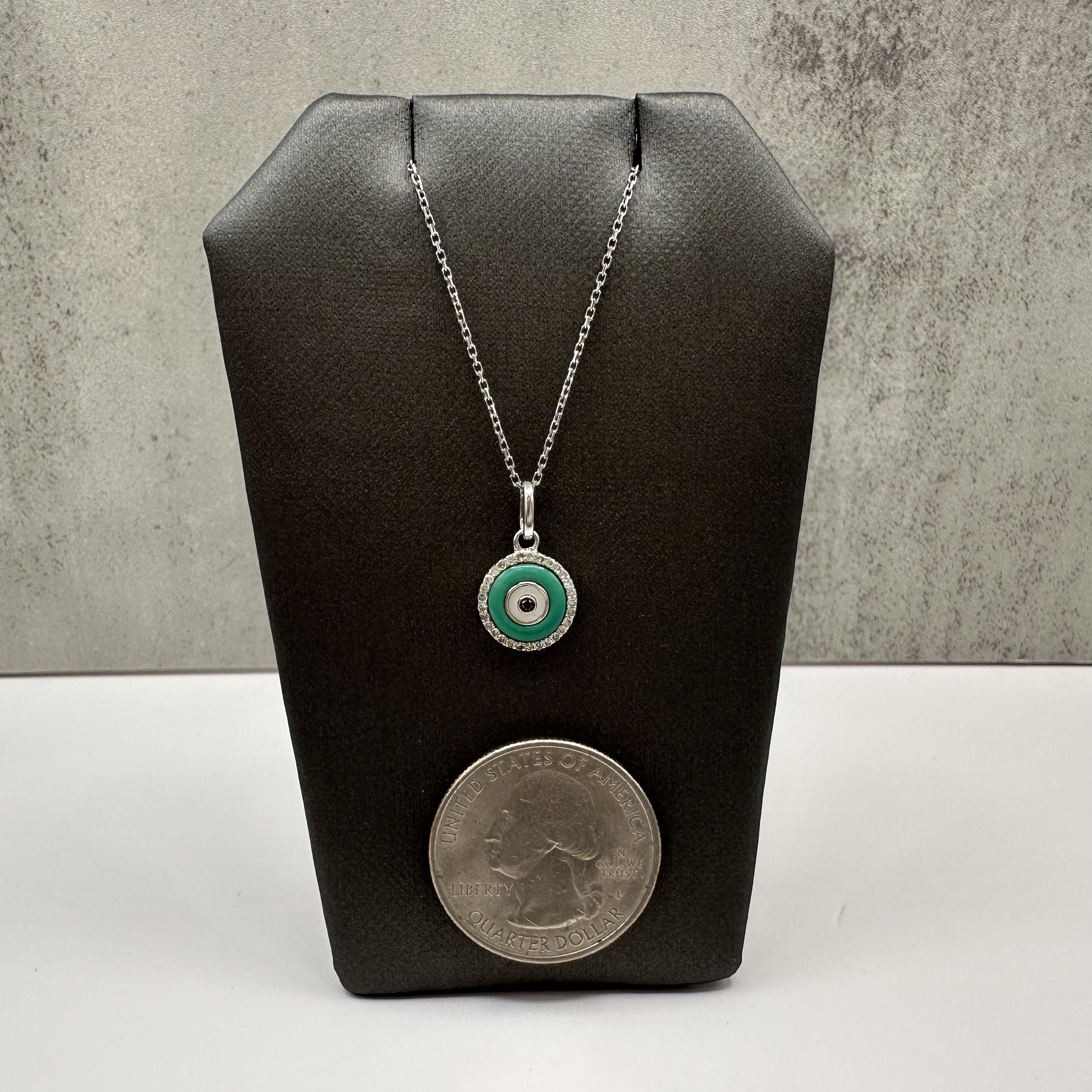 14K White Gold Diamond Evil Eye Necklace 0.10ct Enamel 18.5in