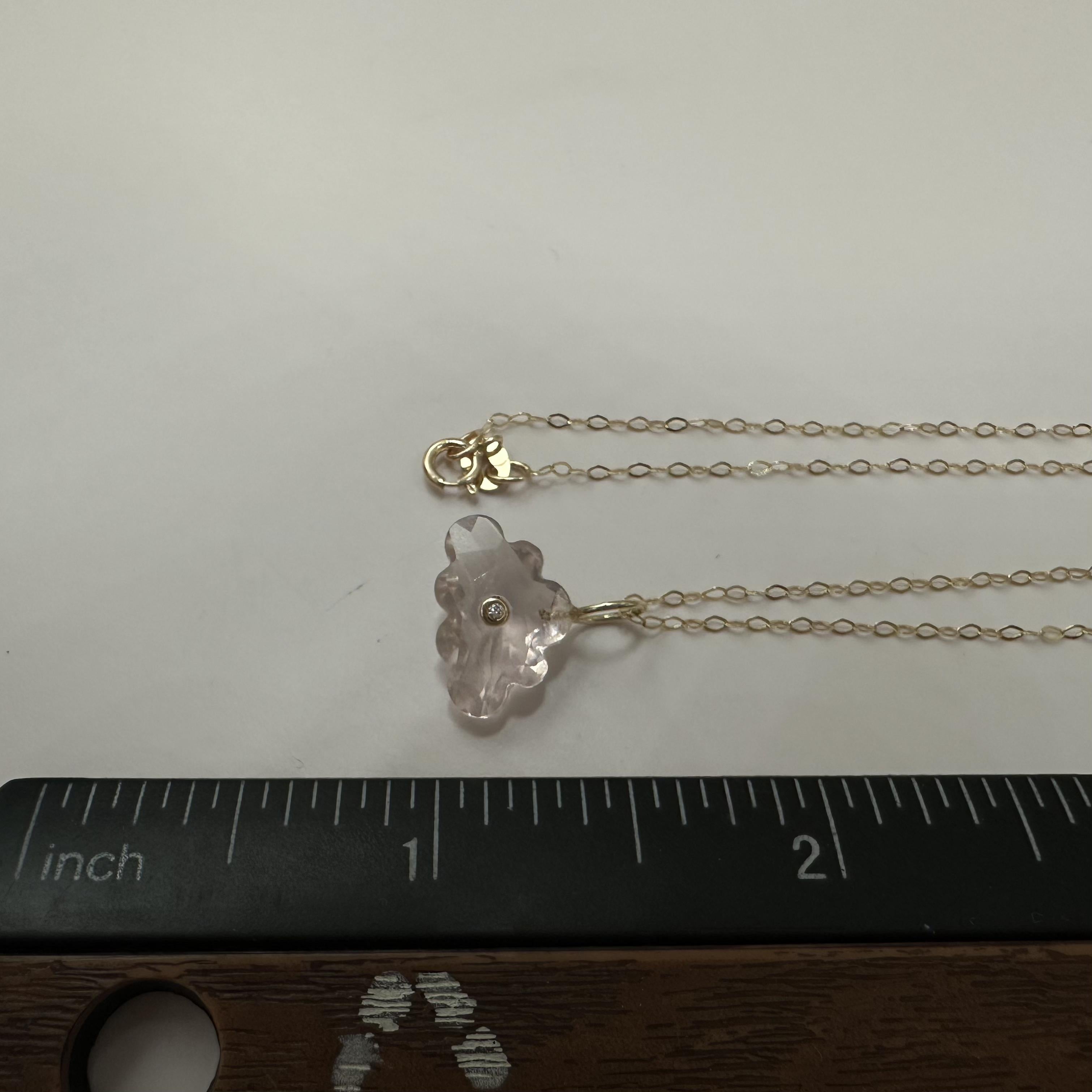 14K Yellow Gold Rose Quartz Diamond Cloud Necklace 18 Inch