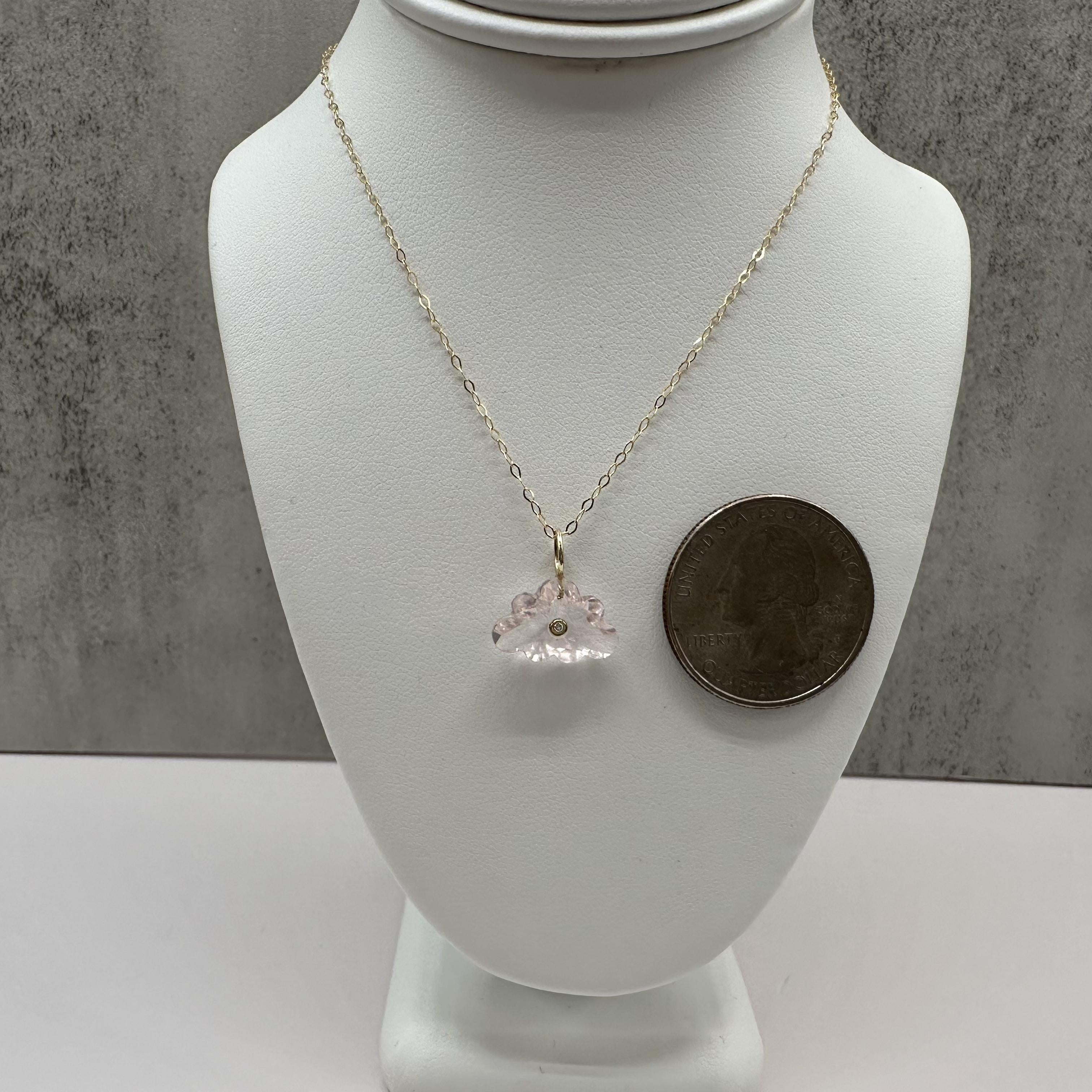 14K Yellow Gold Rose Quartz Diamond Cloud Necklace 18 Inch