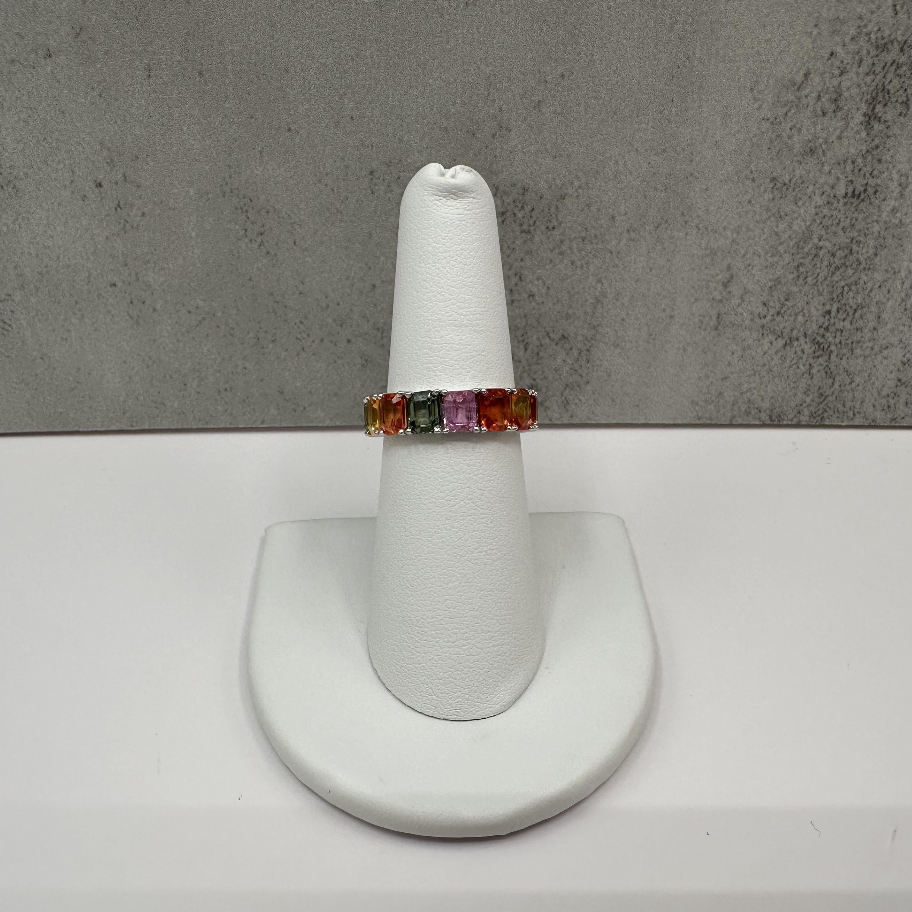 18K White Gold Emerald Cut Multi Sapphire Eternity Ring 7.5ct Sz 6.75