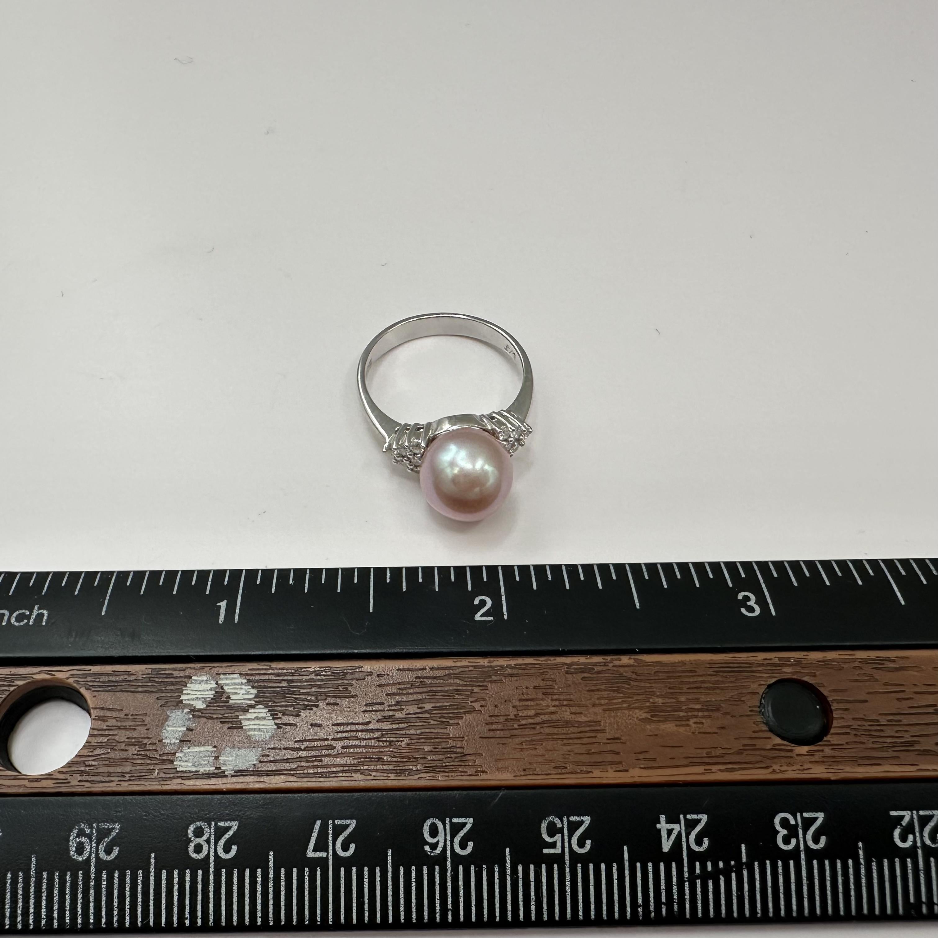 18K White Gold Pink Pearl Diamond Ring 0.20ct GH SI Size 6.75