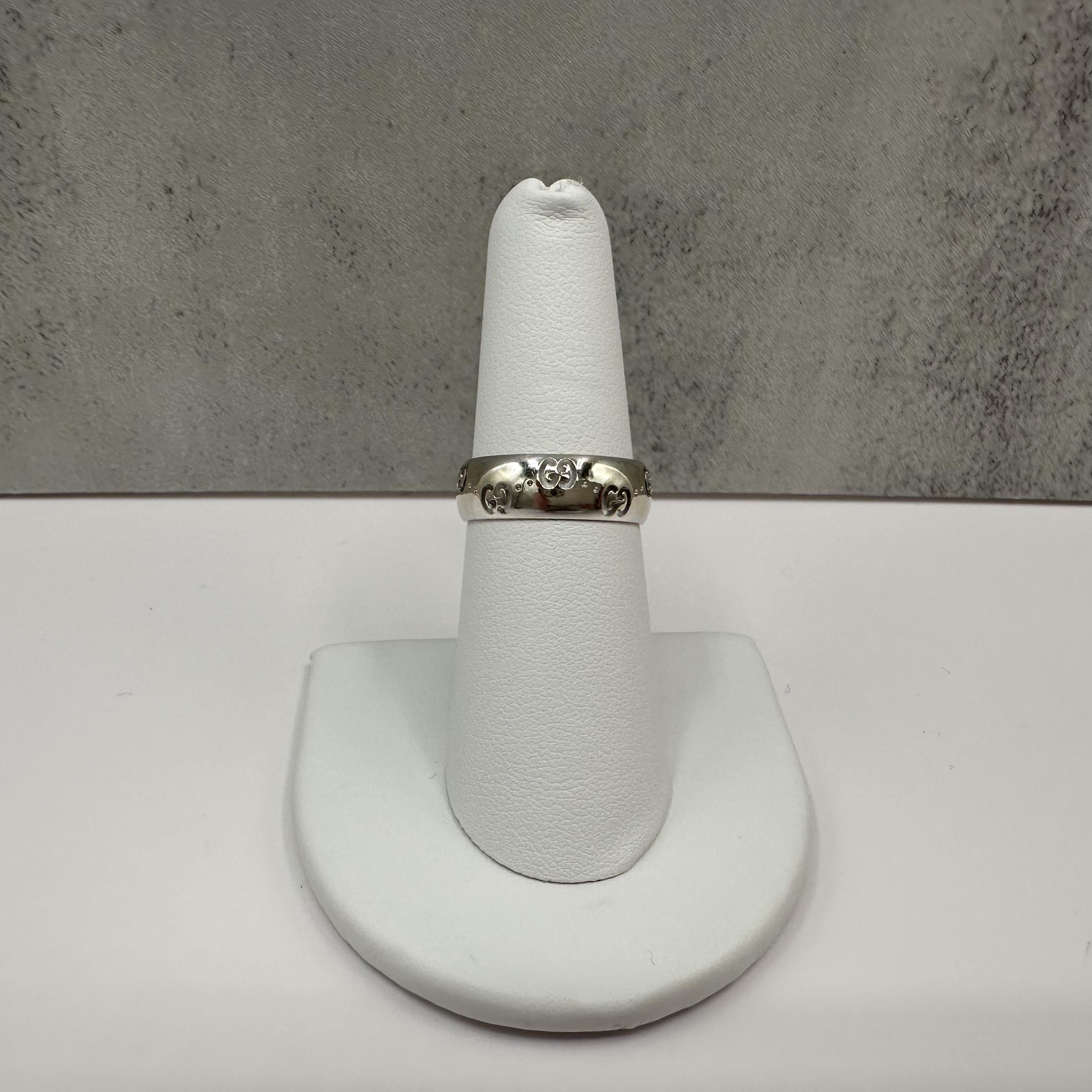 Gucci Icon 18K White Gold GG Wide Ring 6mm Size 6.75