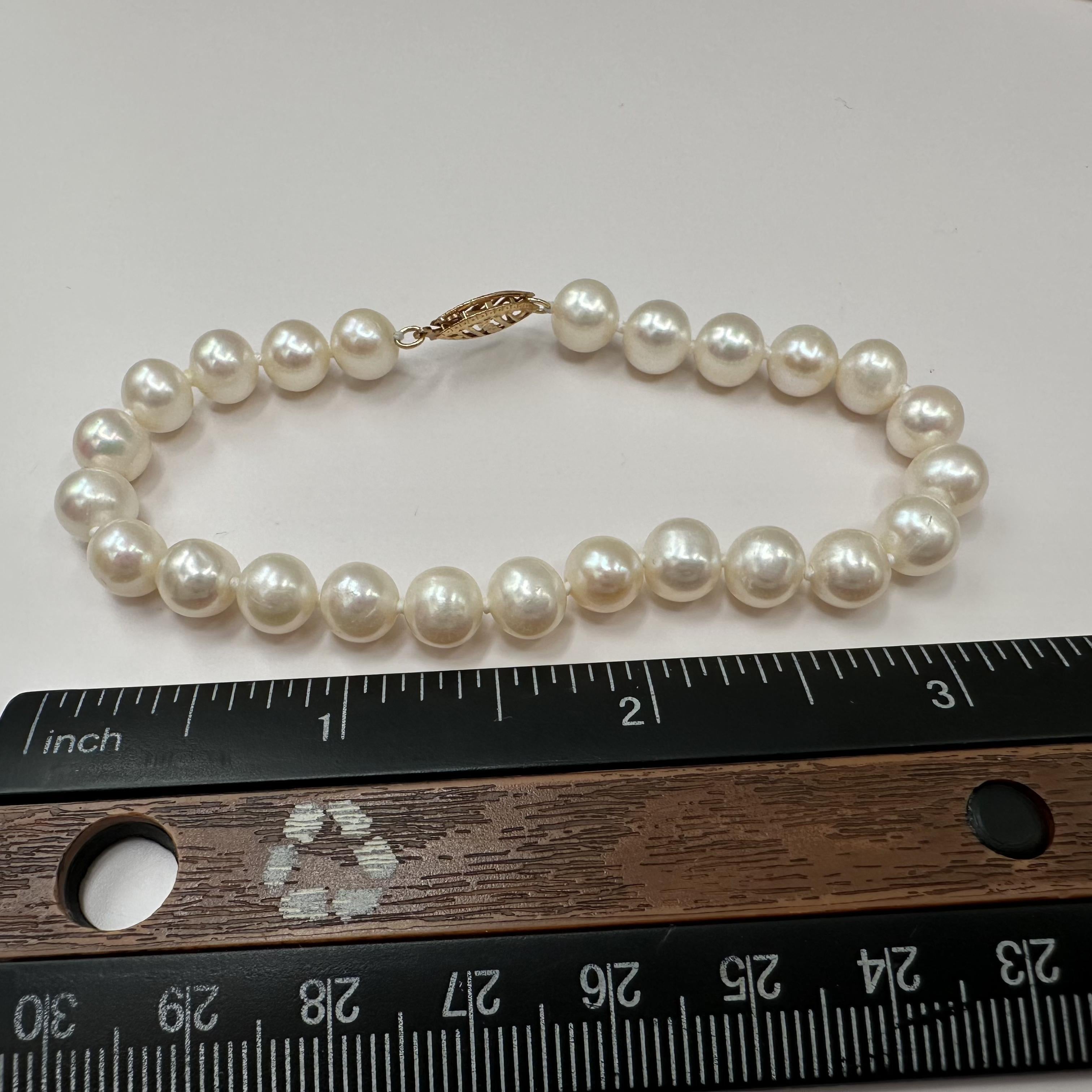 10K Yellow Gold Pearl Bracelet 7.2mm Round Pearls 7.375” 12g