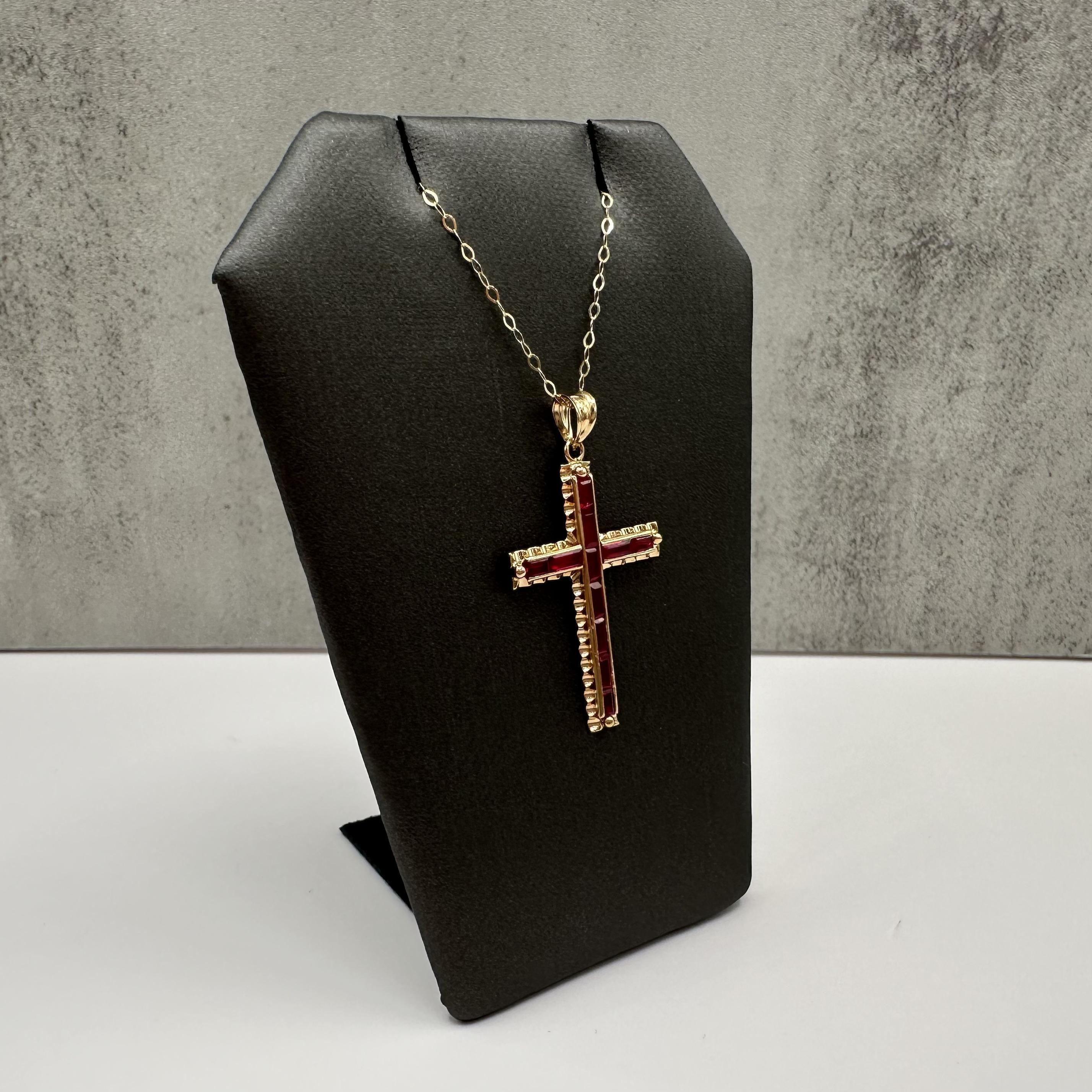 Synthetic Ruby Cross Necklace 14kt Yellow Gold Baguette Cut Estate