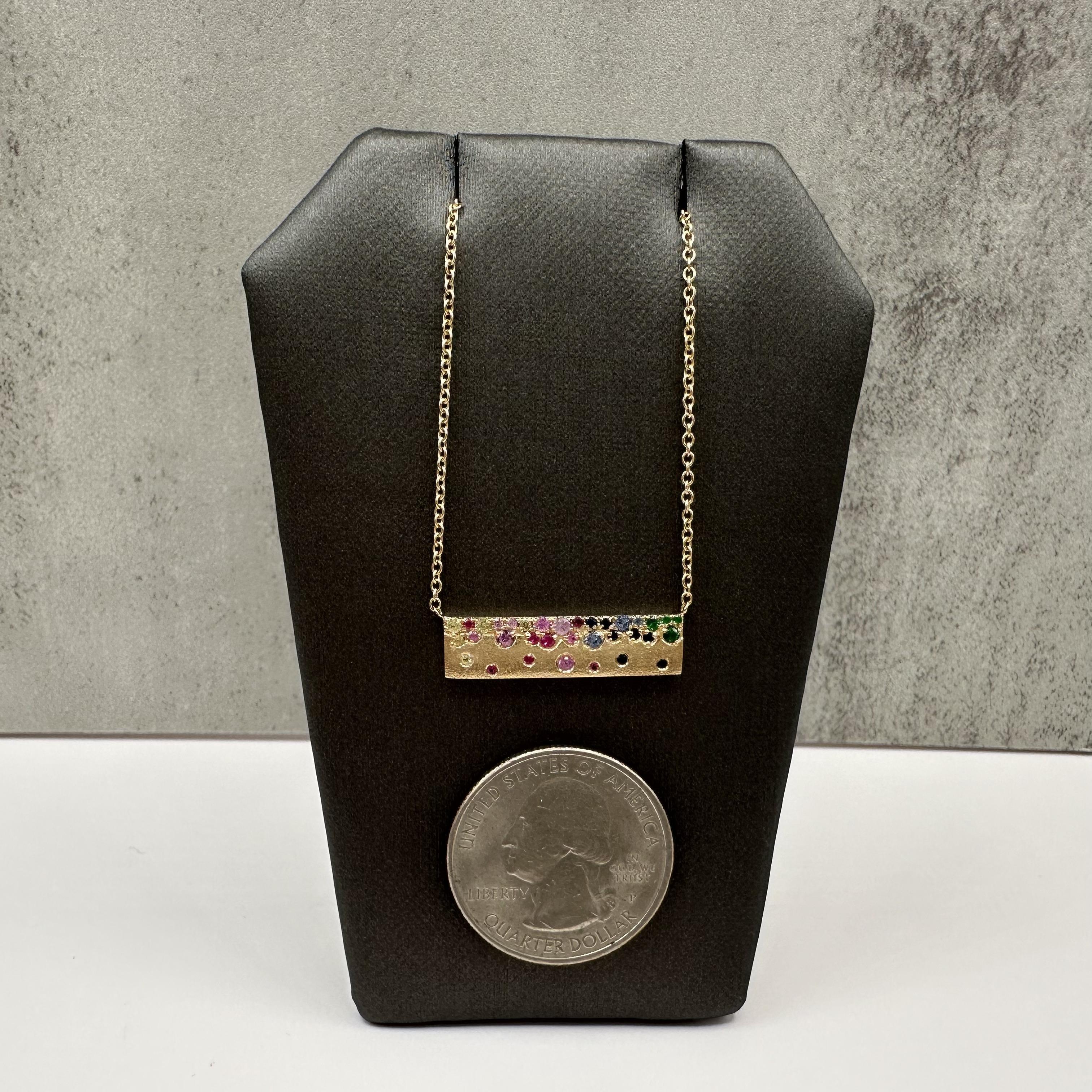 Rainbow Confetti Bar Necklace in 14kt Yellow Gold, Multi Sapphire Scattered