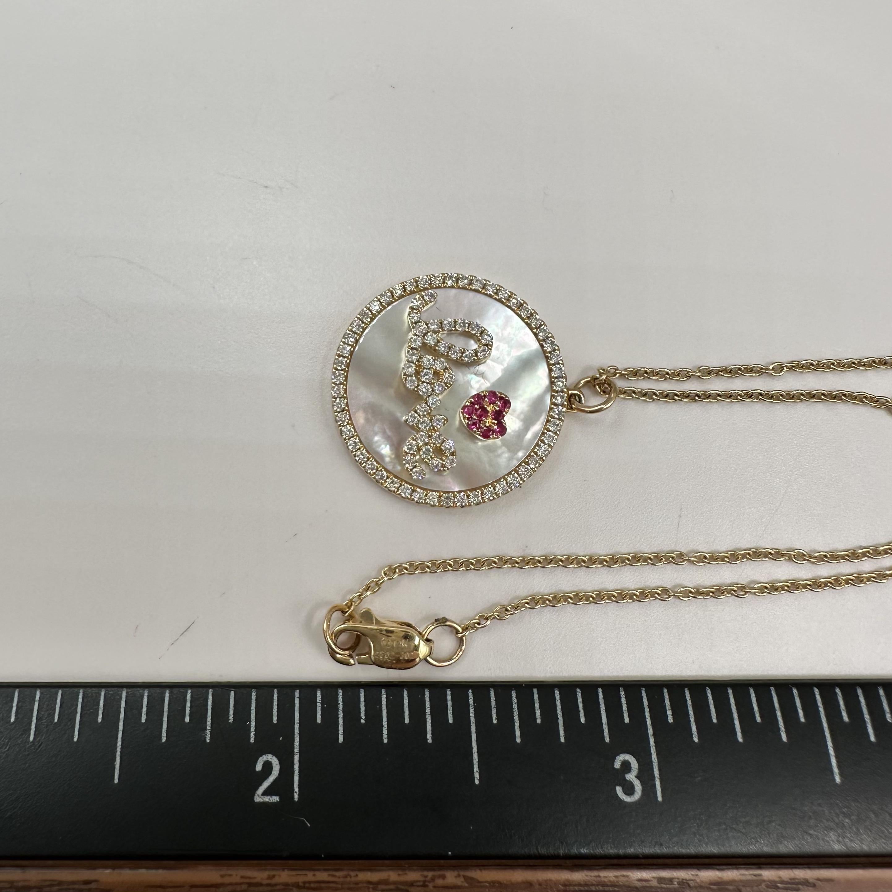 14K Yellow Gold Diamond Love Disc Necklace MOP Ruby 18”