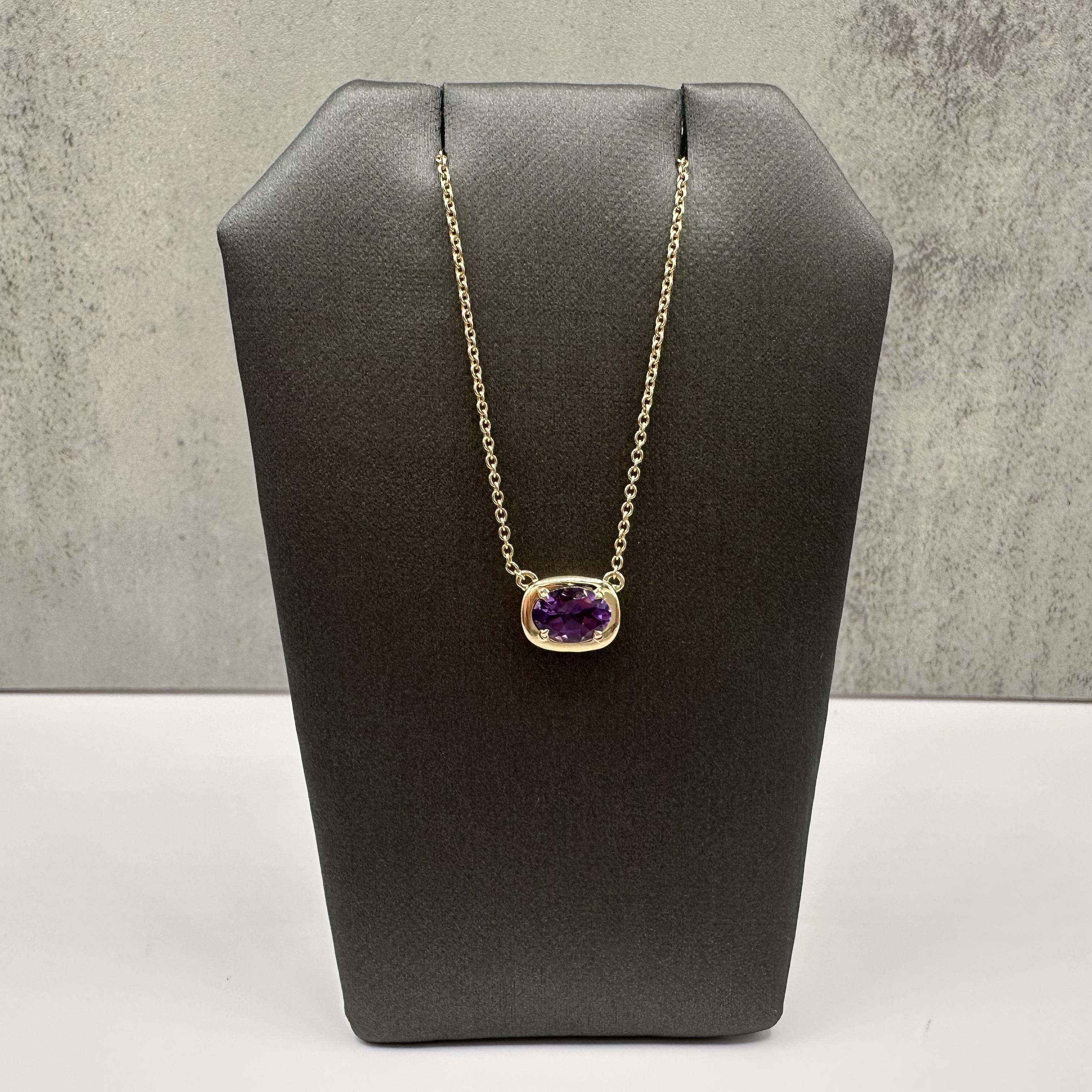 Amethyst Necklace in 14kt Yellow Gold, 0.61ct Oval Cut, Adjustable 16-18 Inches